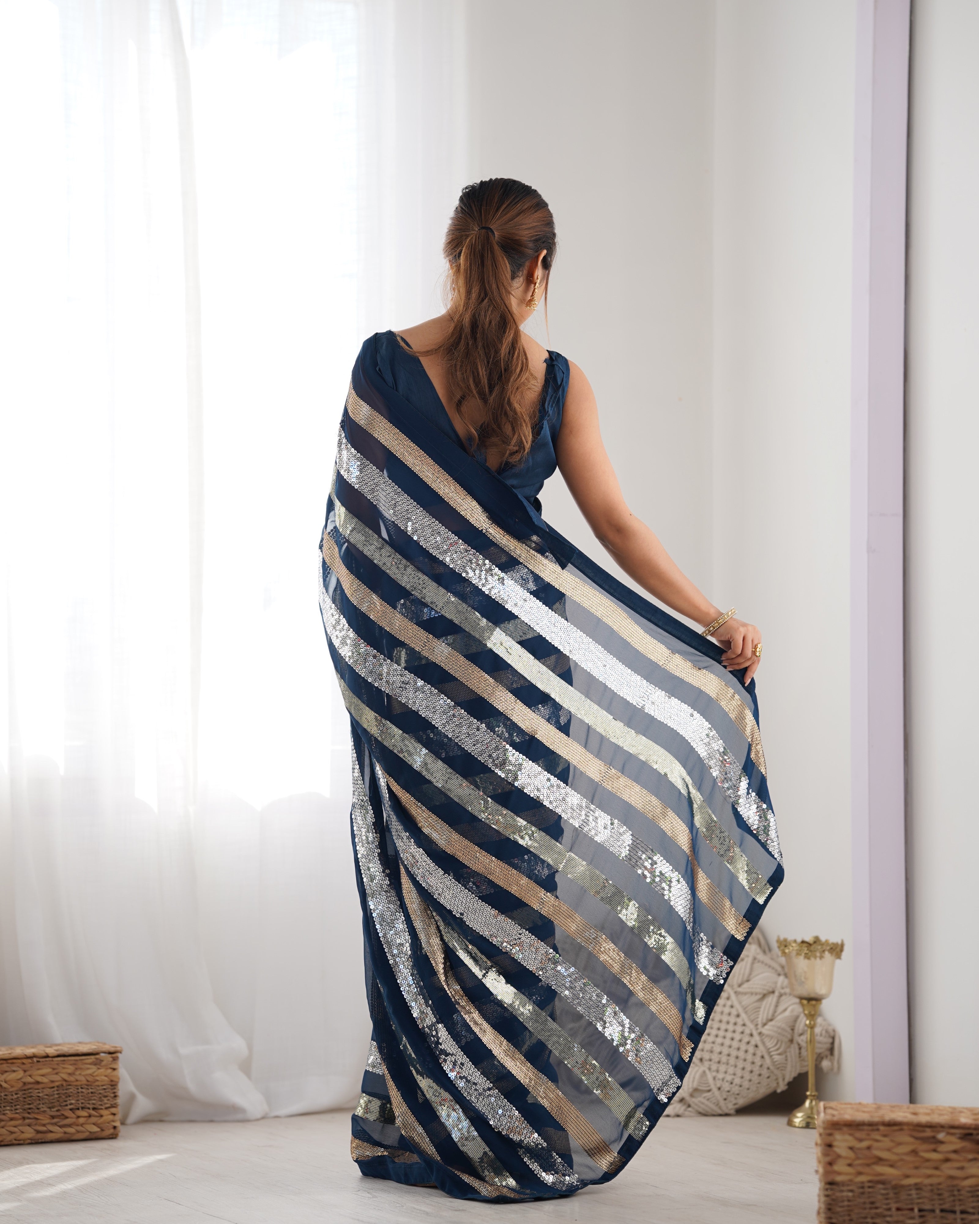 Petrol Beautiful Georgette Fabric Sequins Work Ceremonial Saree