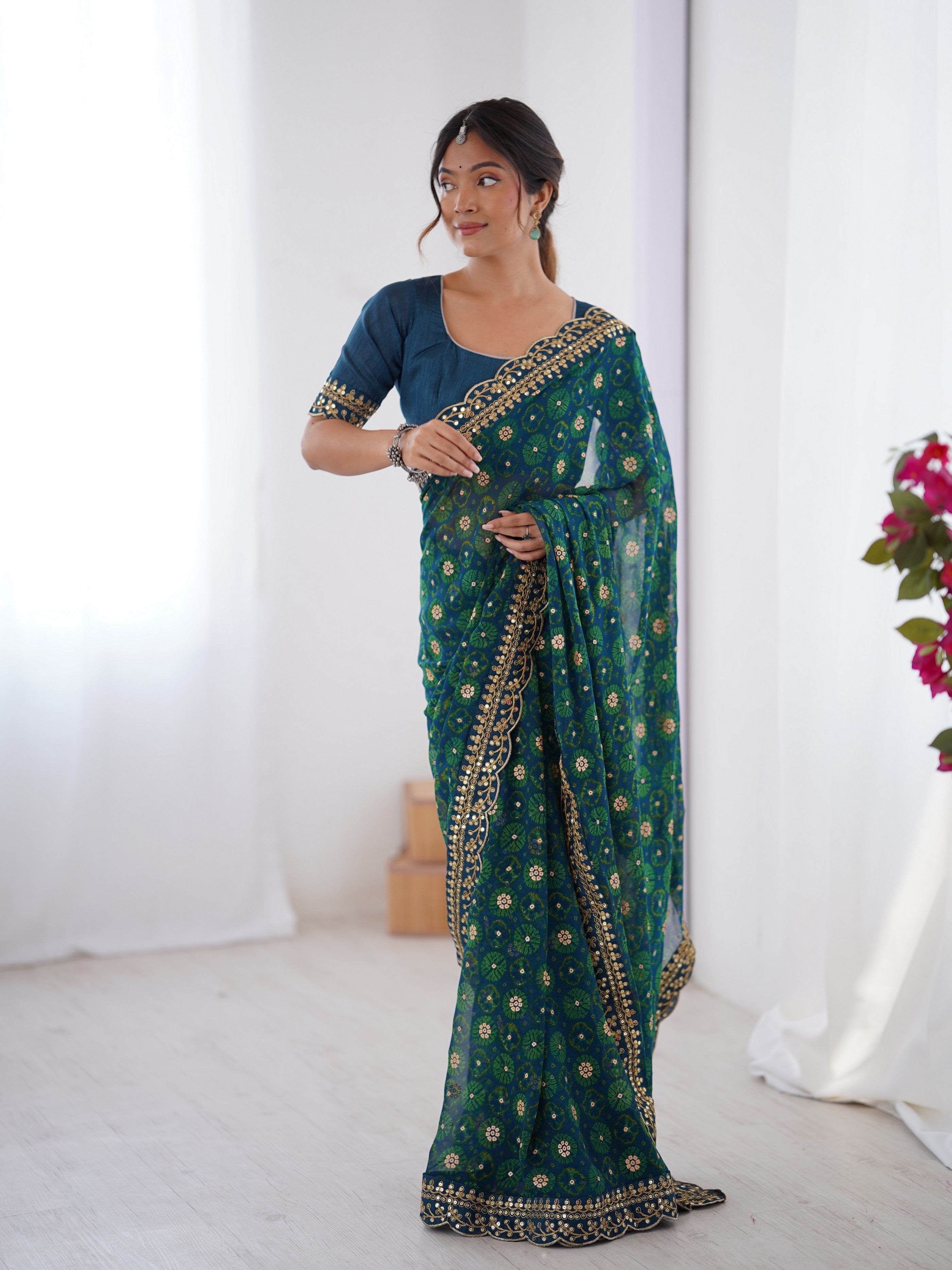 Petrol Designer Printed With Embroidery Lace Work Georgette Festive Saree