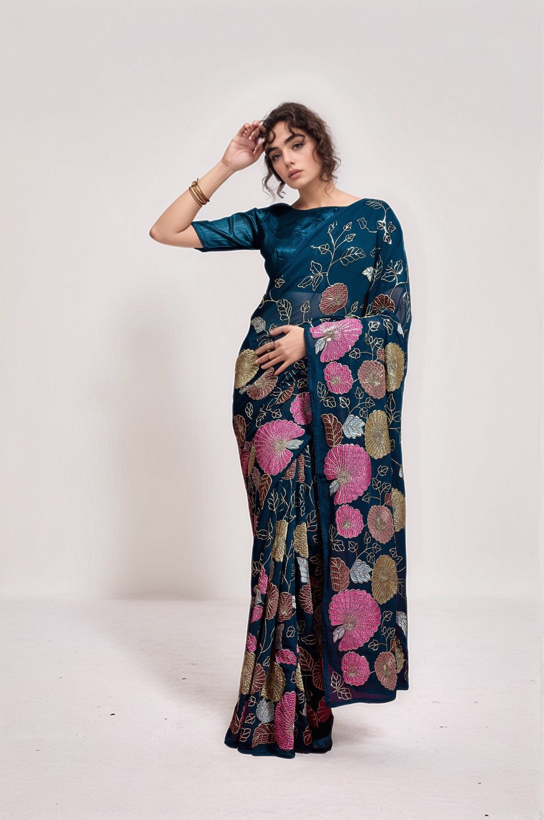 Petrol Georgette Bollywood Style Sequins Embroidery Work Saree