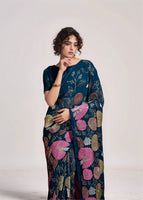 Petrol Georgette Bollywood Style Sequins Embroidery Work Saree