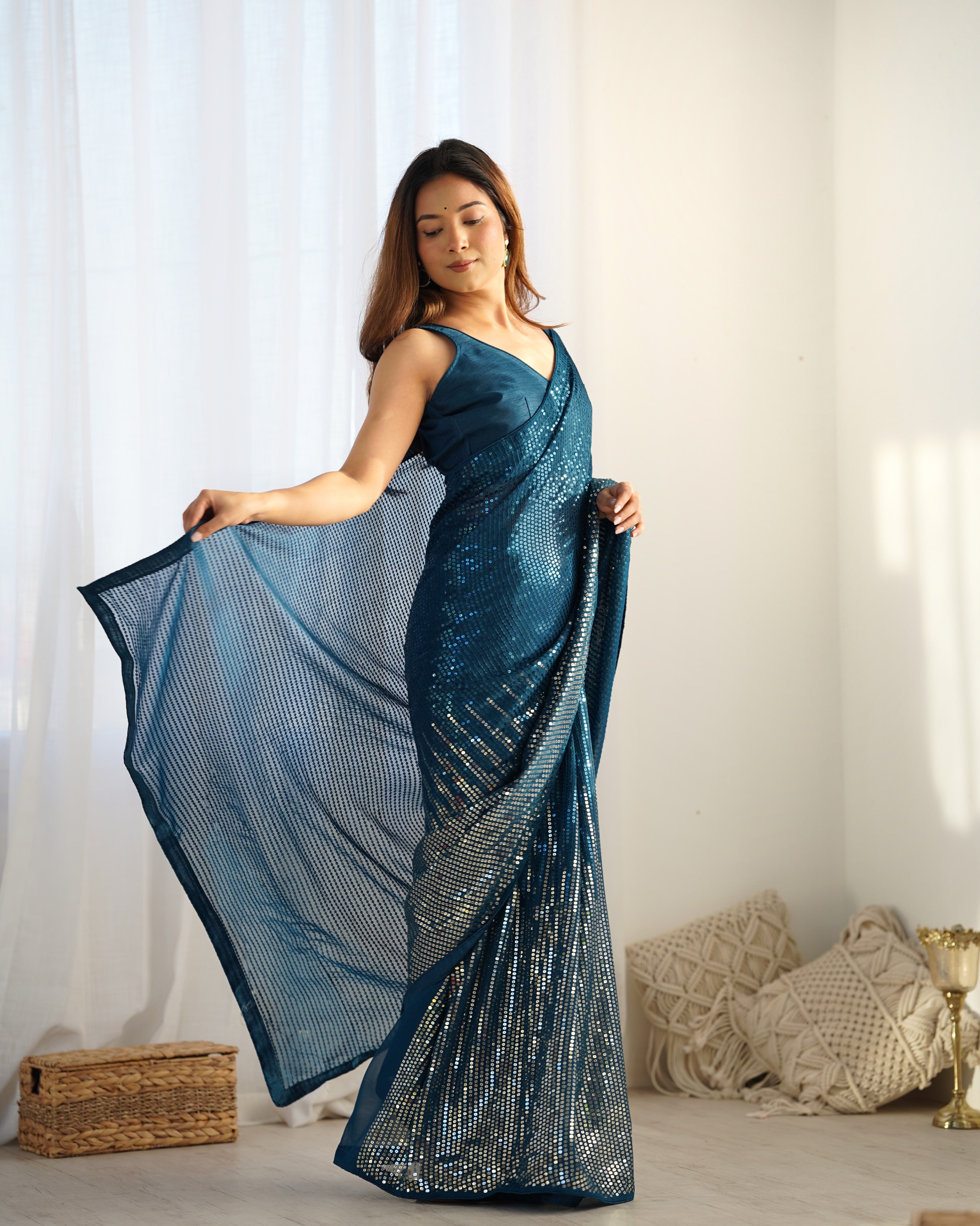 Petrol Georgette Designer Sequance Embroidery Work Bollywood Style Partywear Saree