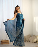 Petrol Georgette Designer Sequance Embroidery Work Bollywood Style Partywear Saree