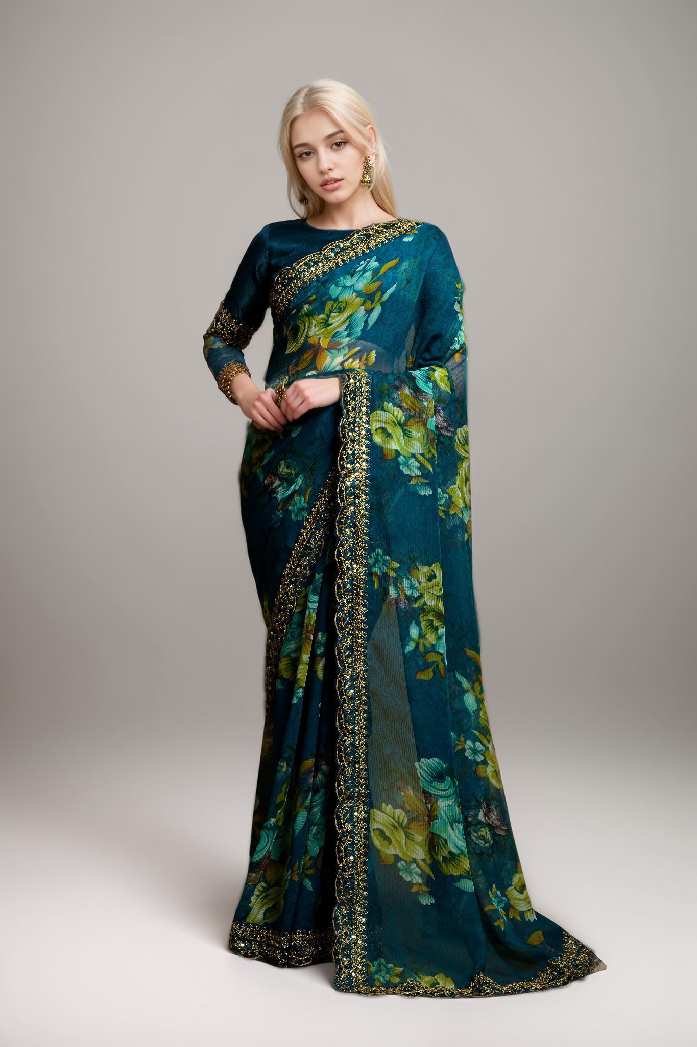 Petrol Georgette Floral Printed With Embroidered Border Saree