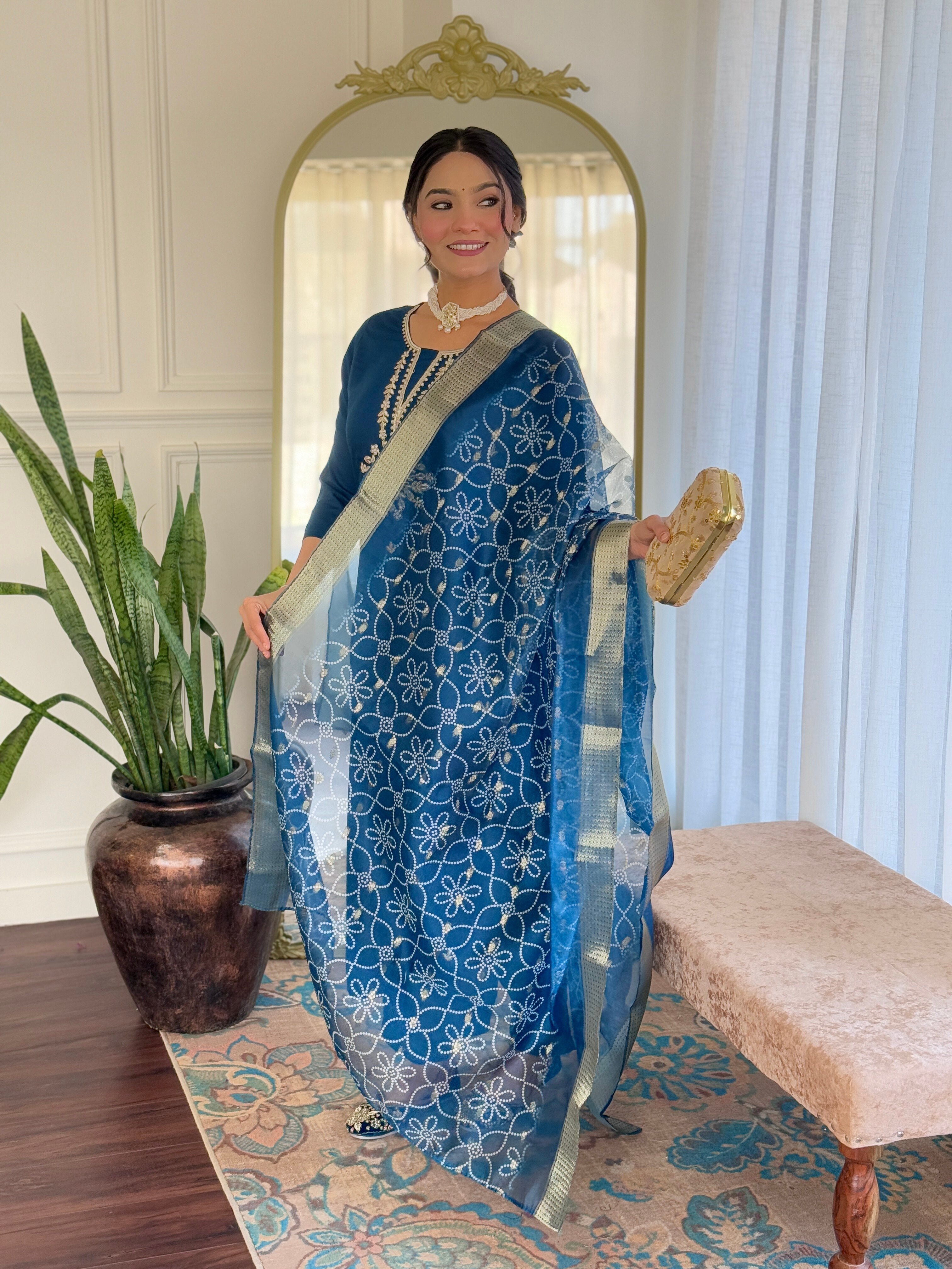 Petrol Rayon Elegant Kurta Pant Set With Embroidery Work