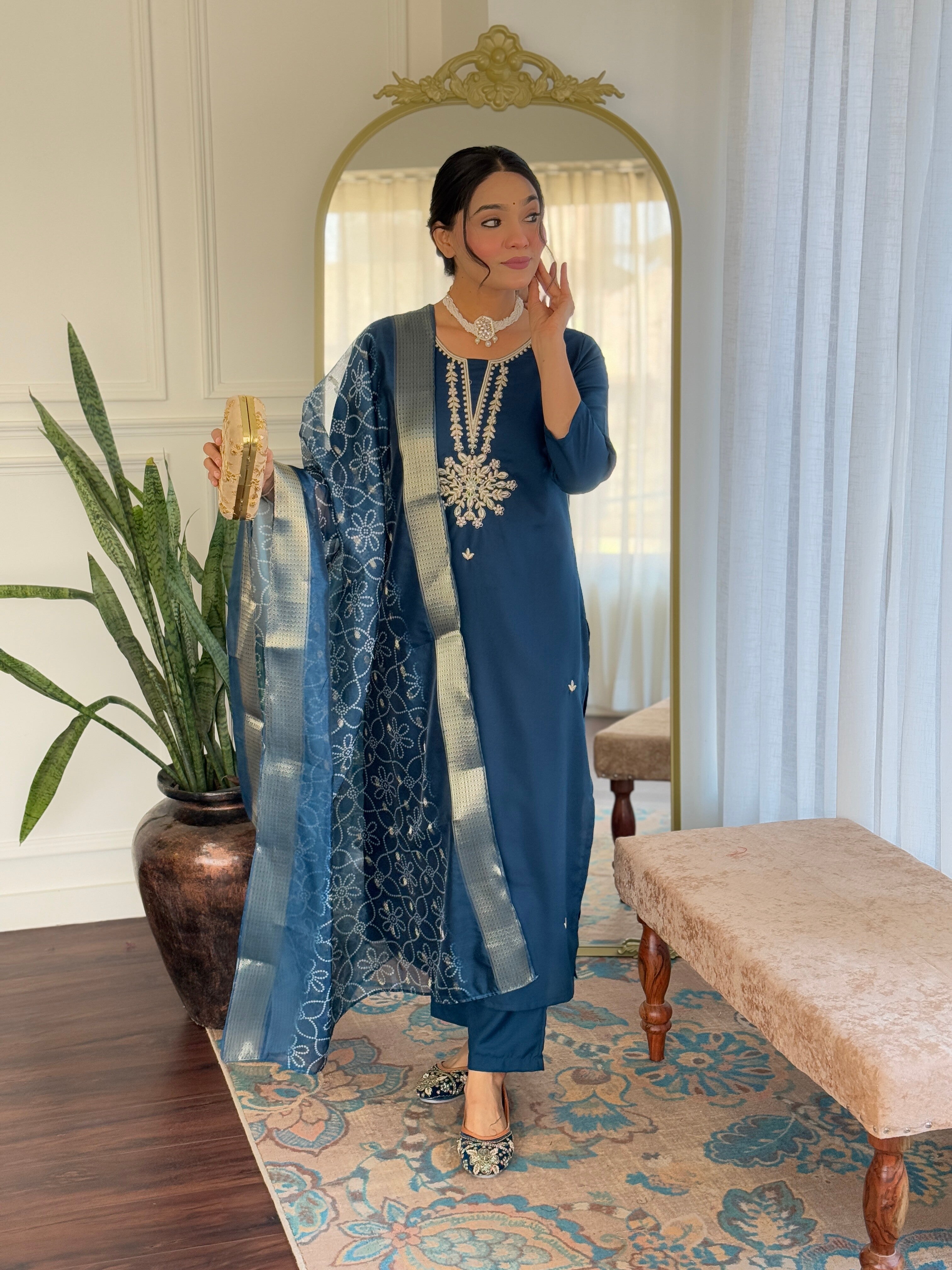 Petrol Rayon Elegant Kurta Pant Set With Embroidery Work