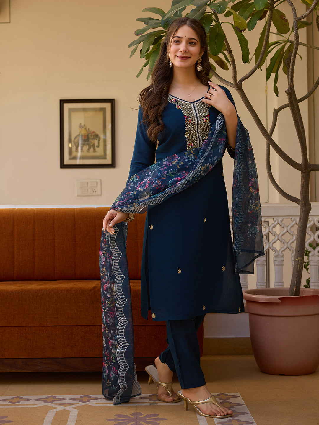 Petrol Viscose Chanderi Elegant Kurta Pant Set With Embroidery Work