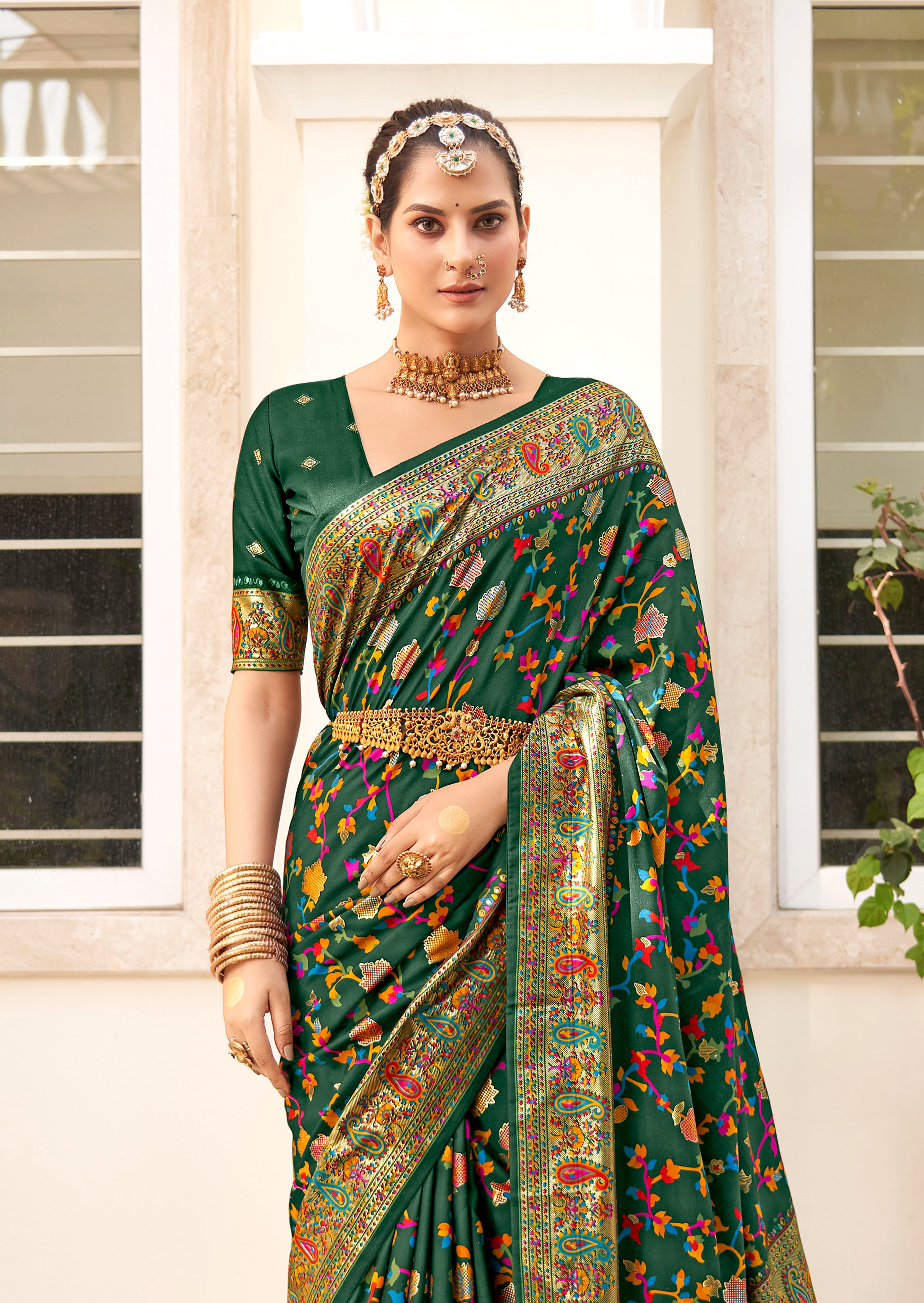 Pine Green Velvet Tussar Silk Woven Designer With Floral Printed Ethnic Wedding Wear Saree