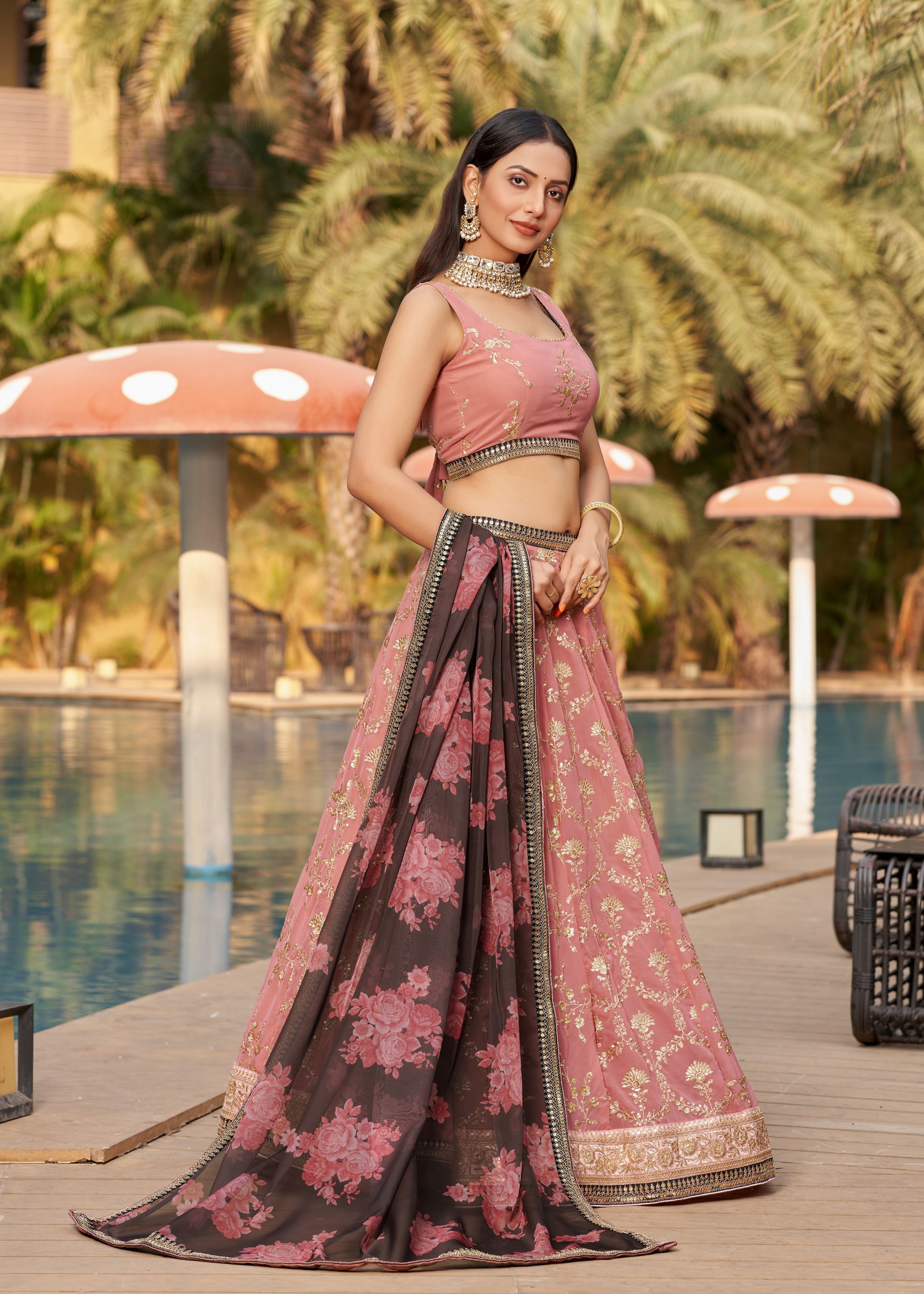 Pink-Brown Lehenga Choli With Sequins, Zari, Thread And Dori Work Embroidery With Digital Print