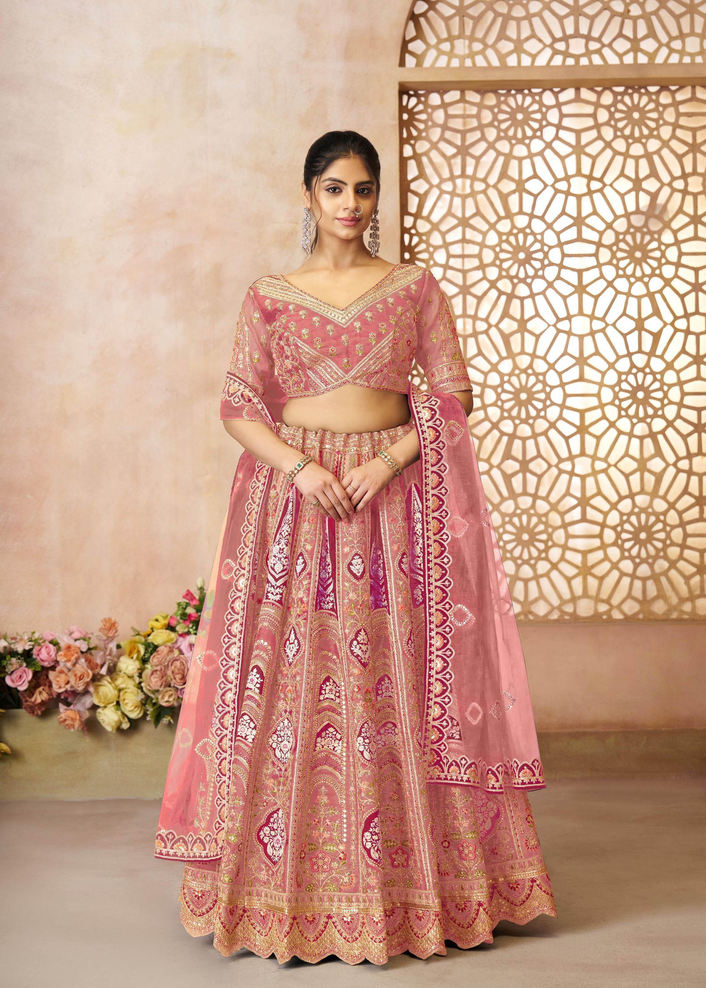 Pink Aari Embroidered Banarasi Lehenga For Wedding