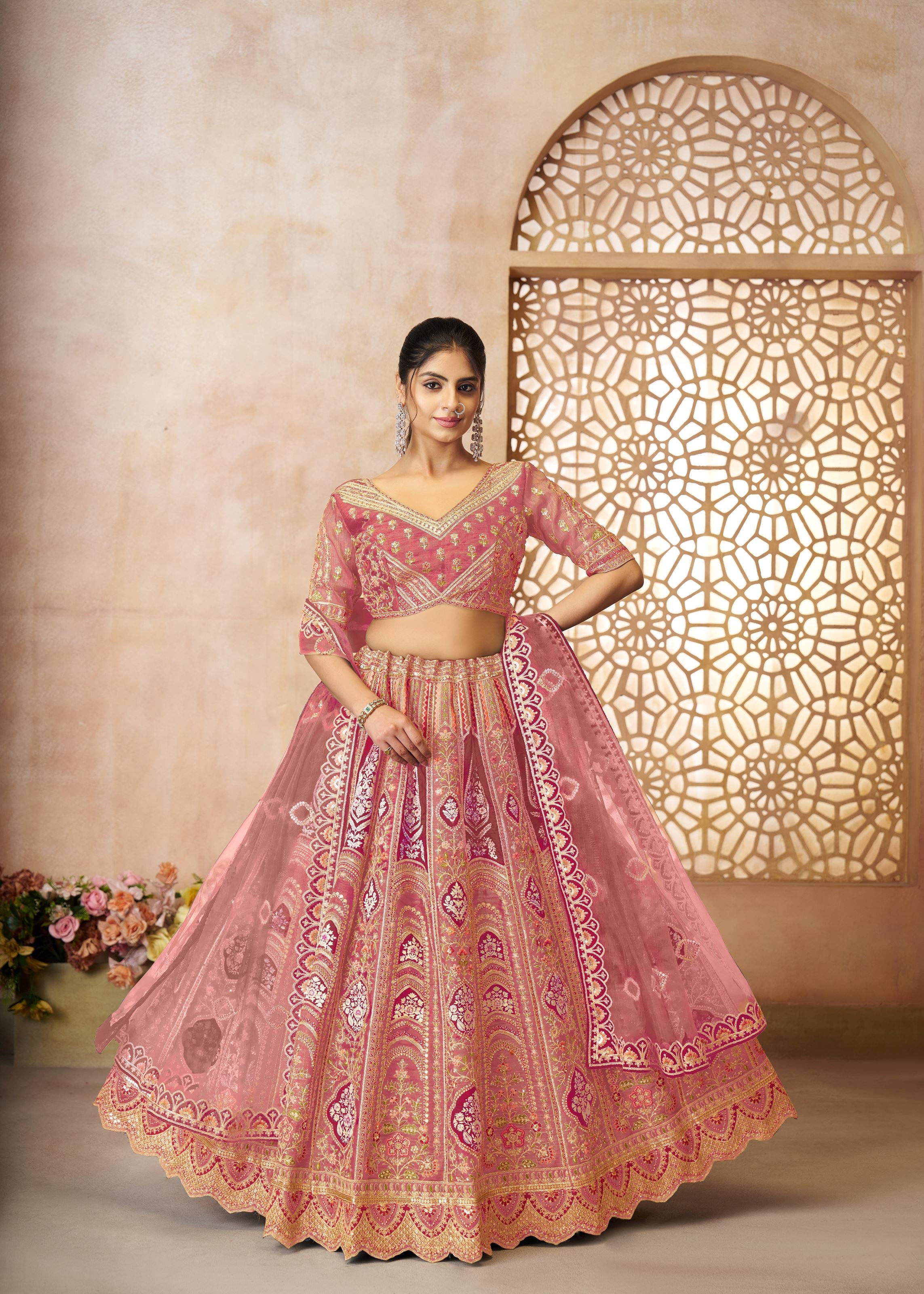 Pink Aari Embroidered Banarasi Lehenga For Wedding