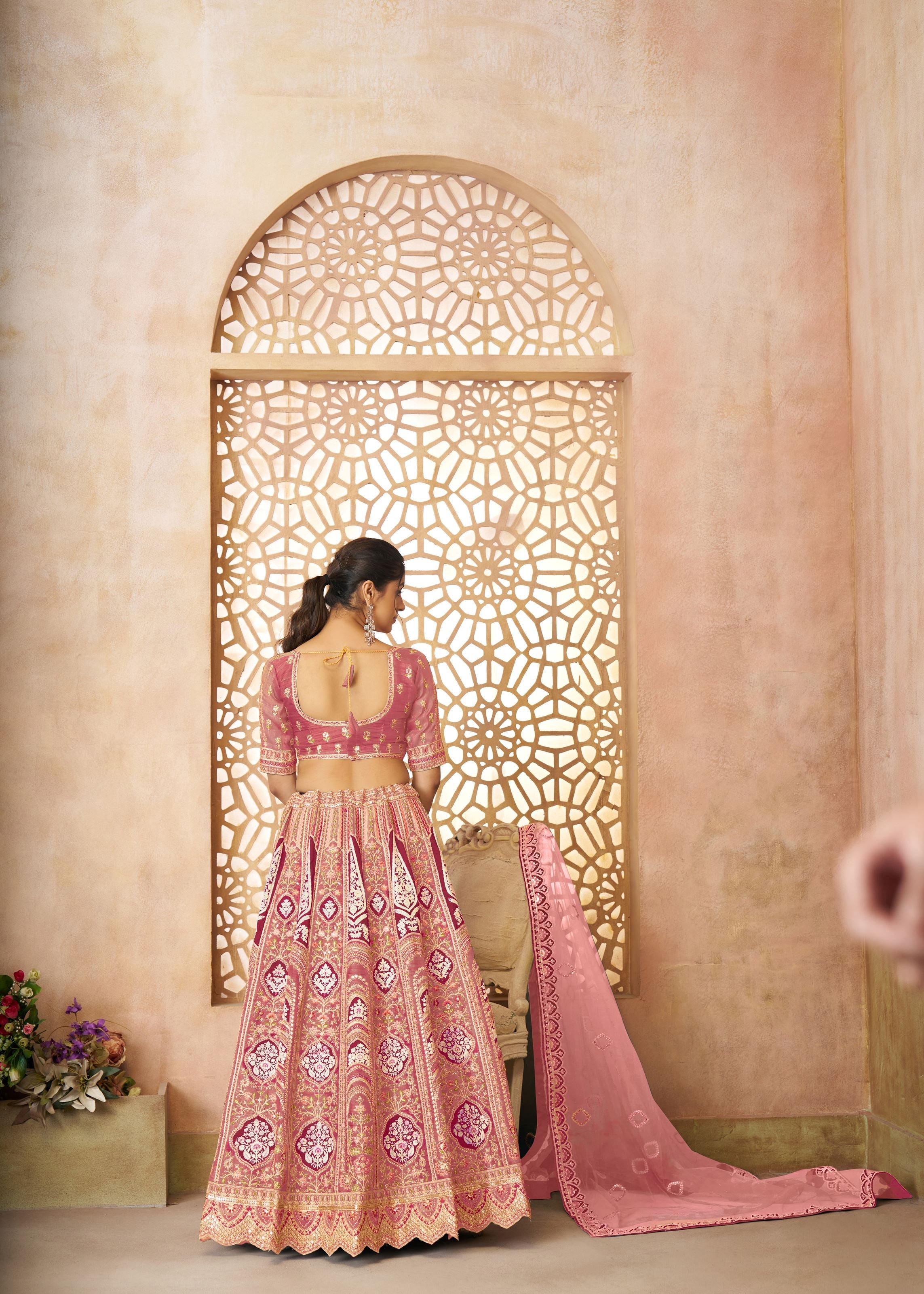 Pink Aari Embroidered Banarasi Lehenga For Wedding
