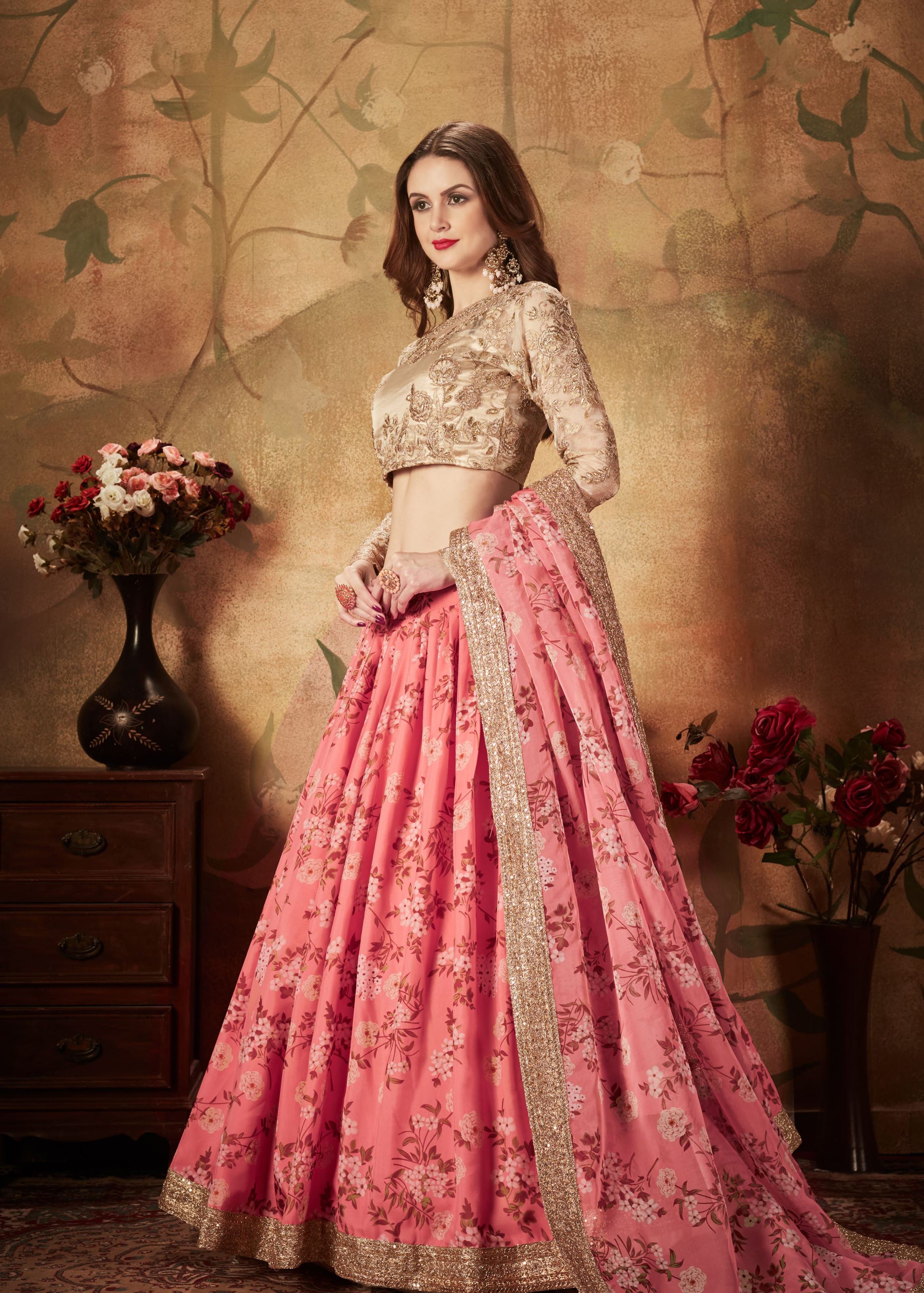Pink And Beige Lehenga Choli With Digital Print & Dori, Zari And Sequins Embroidery Work