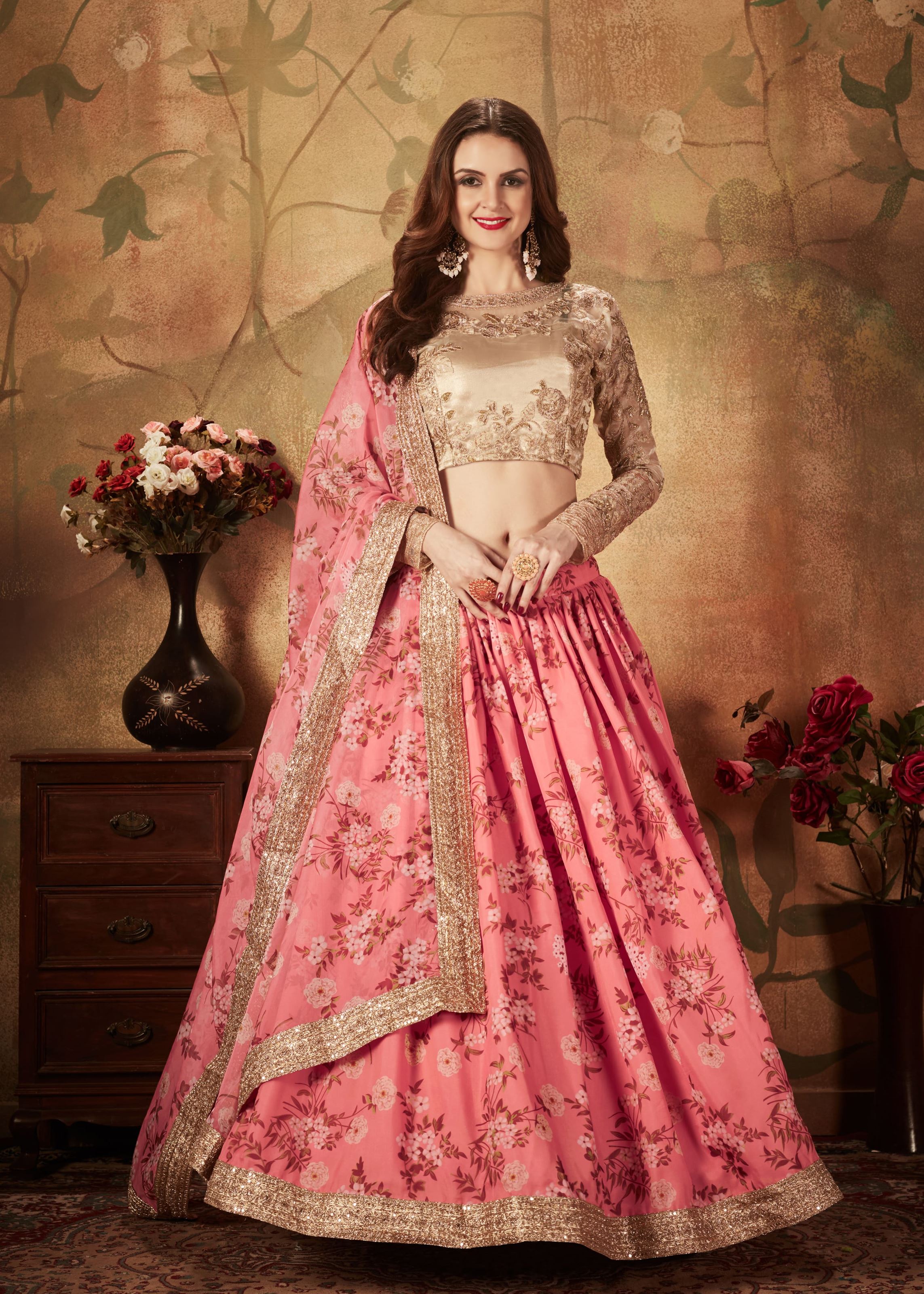 Pink And Beige Lehenga Choli With Digital Print & Dori, Zari And Sequins Embroidery Work