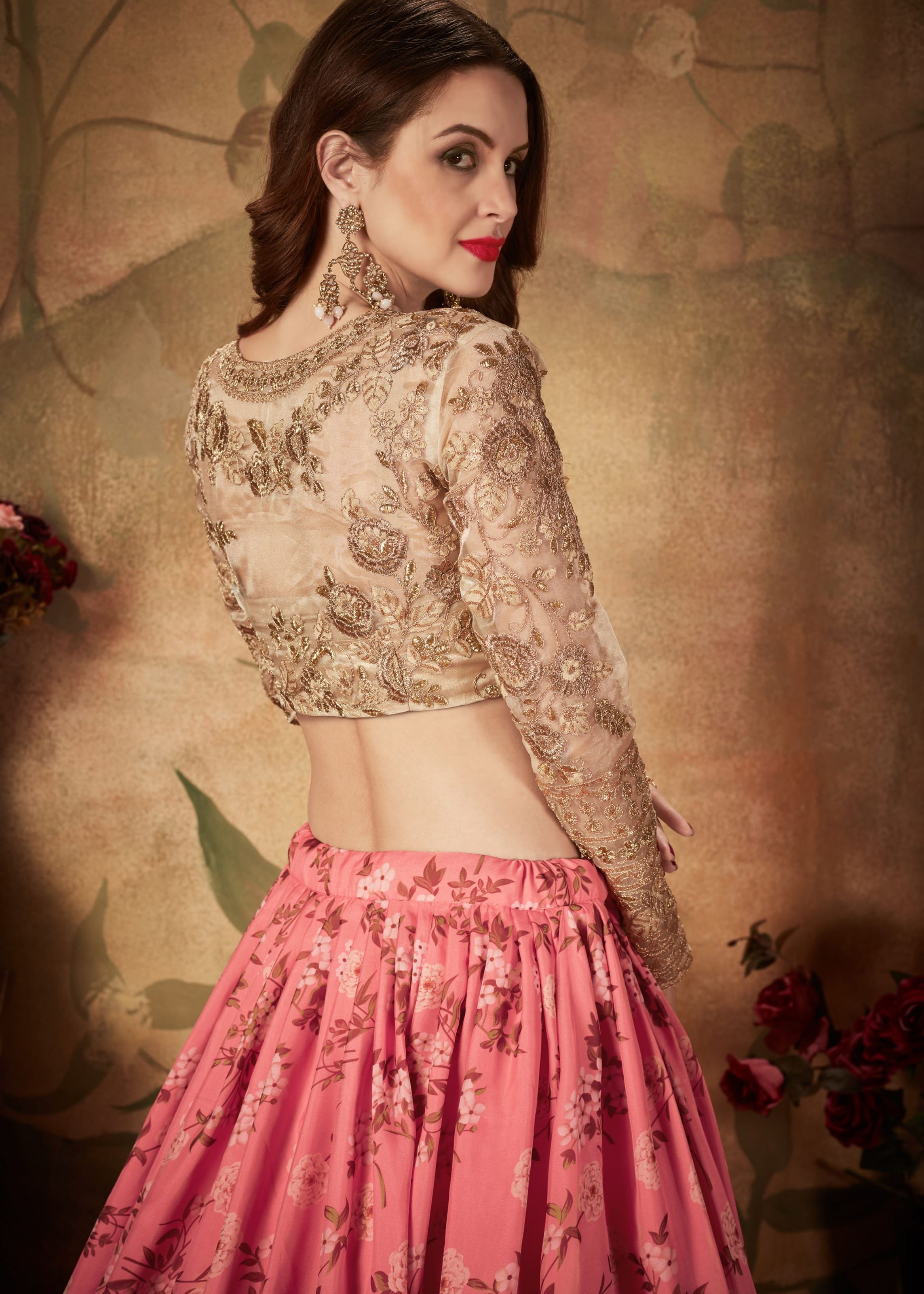 Pink And Beige Lehenga Choli With Digital Print & Dori, Zari And Sequins Embroidery Work