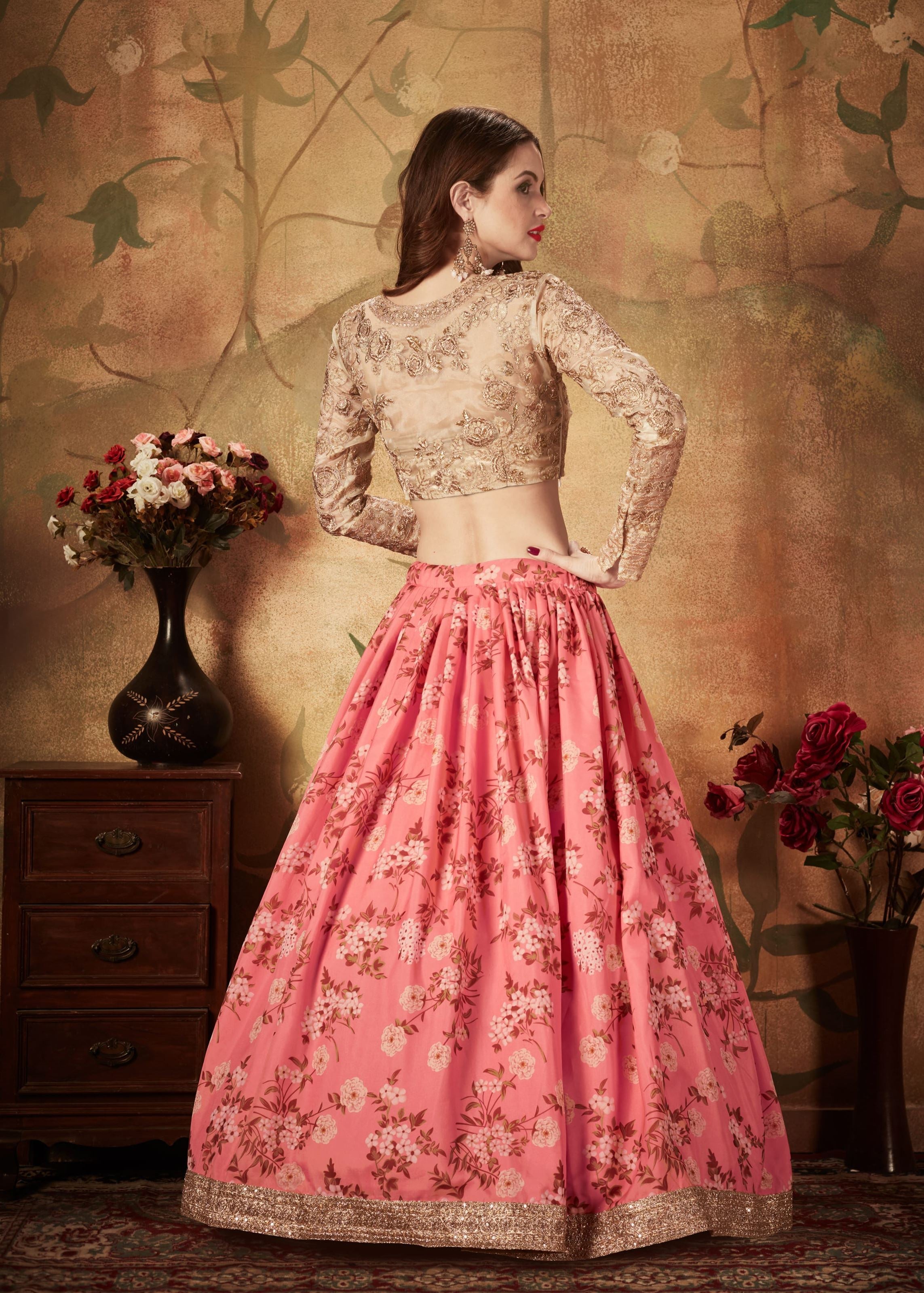 Pink And Beige Lehenga Choli With Digital Print & Dori, Zari And Sequins Embroidery Work