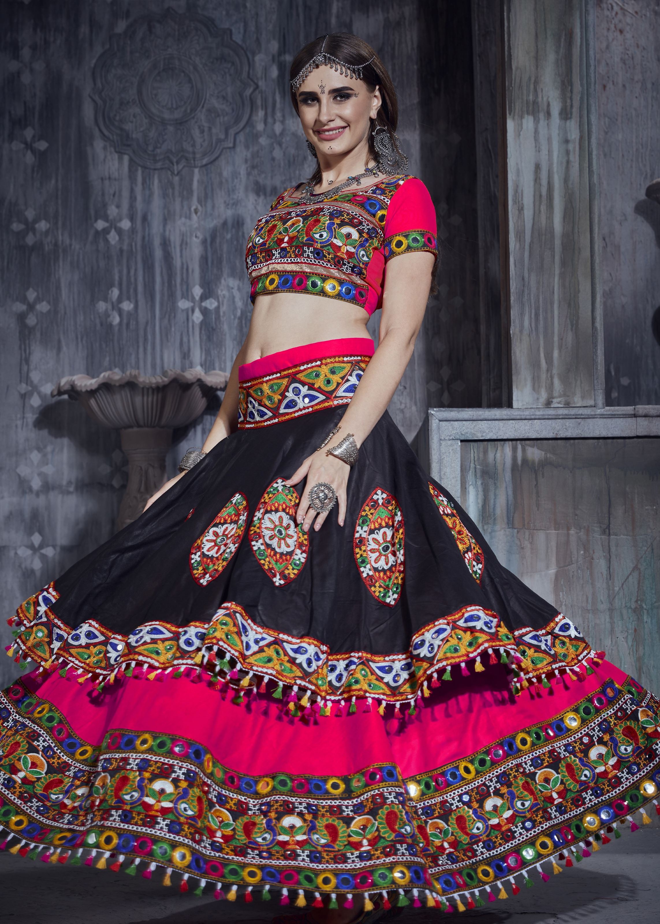 Pink And Black Navratri Chaniya Choli With Gamthi Work And Lace Work With Mirror