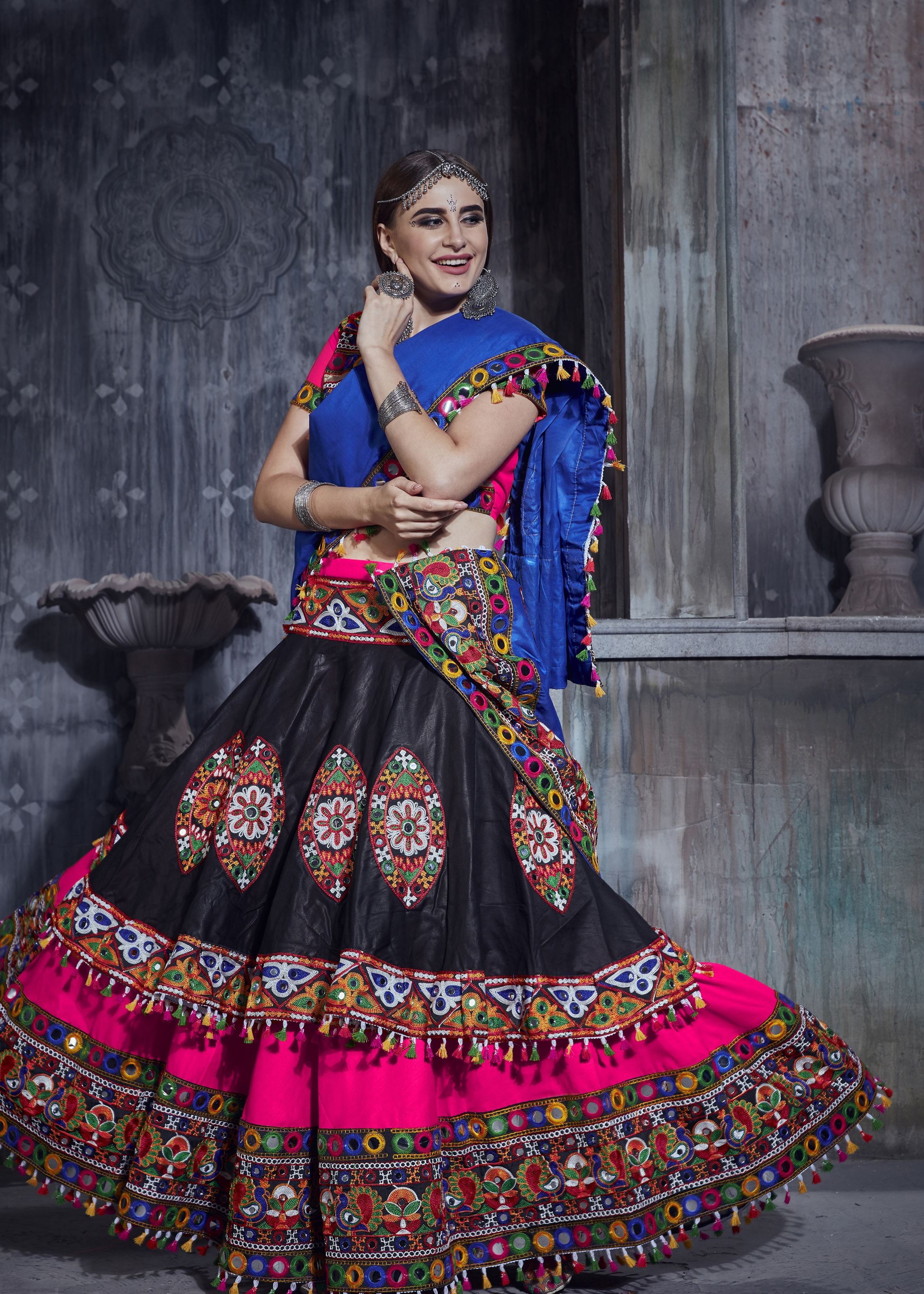 Pink And Black Navratri Chaniya Choli With Gamthi Work And Lace Work With Mirror