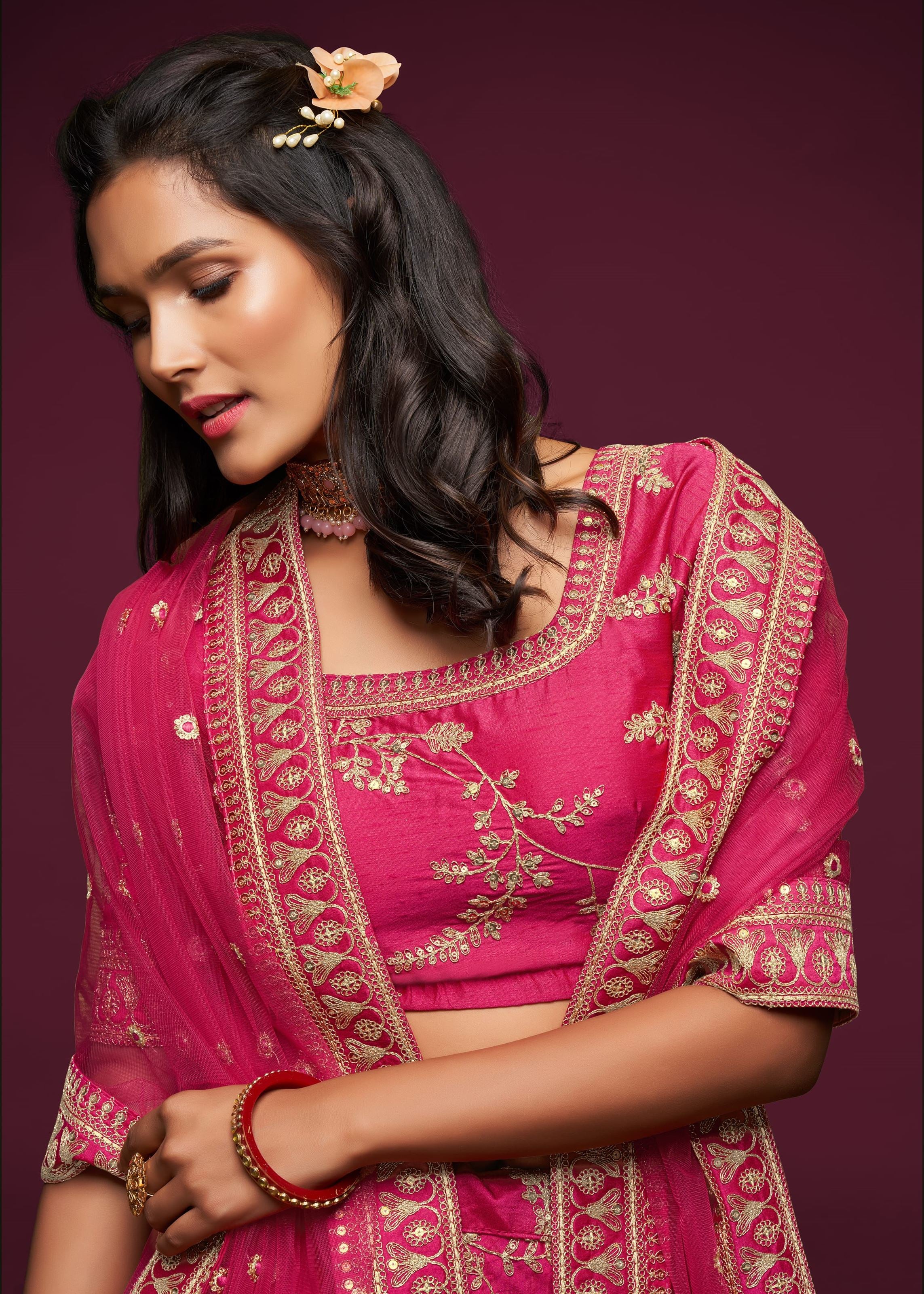 Pink Art Silk Lehenga Choli With Thread, Zari, Dori and Sequins Embroidery Work
