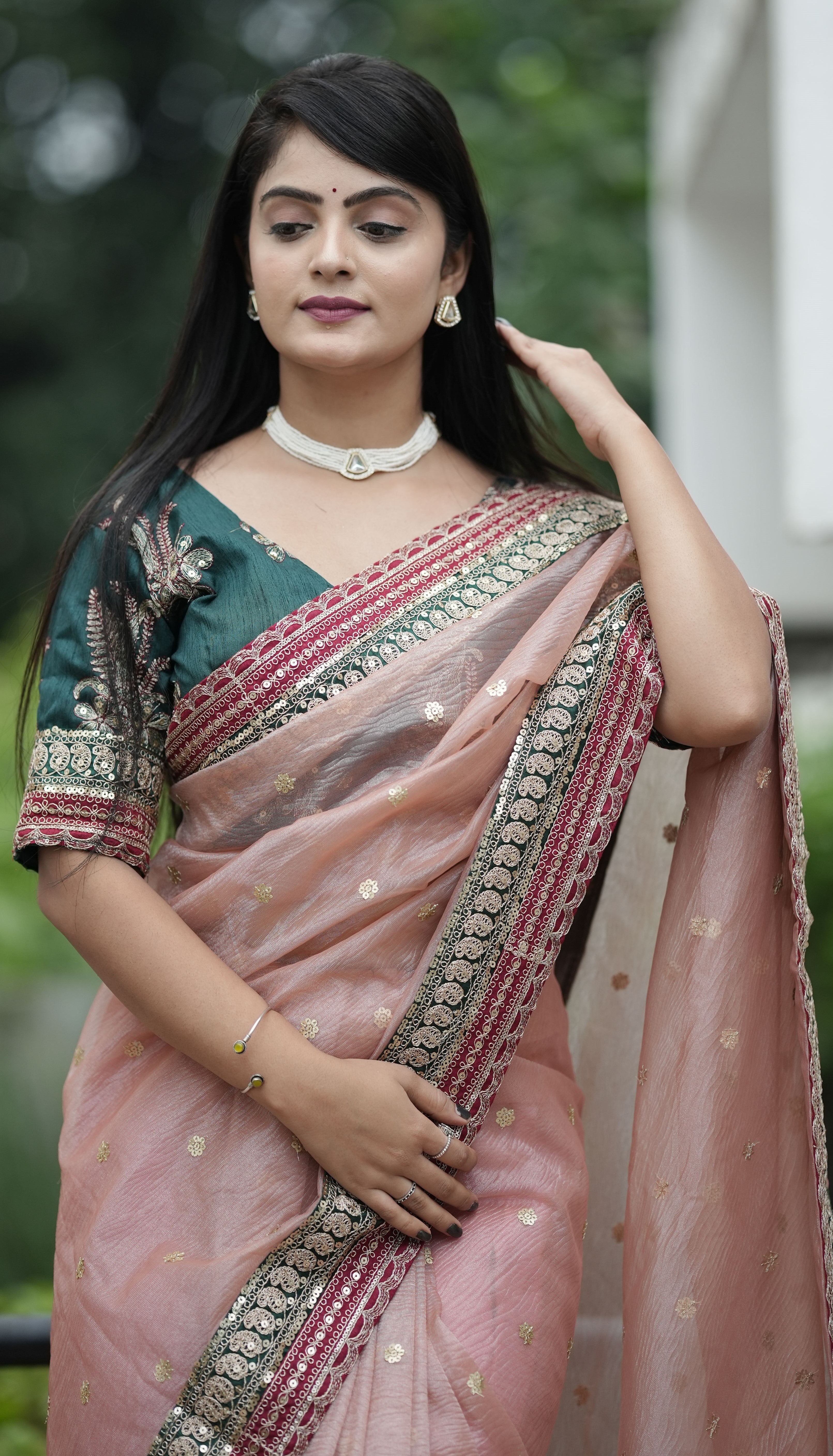 Pink Banarasi Crush Fabric Beautiful Sequins Embroidery Work Partywear Saree