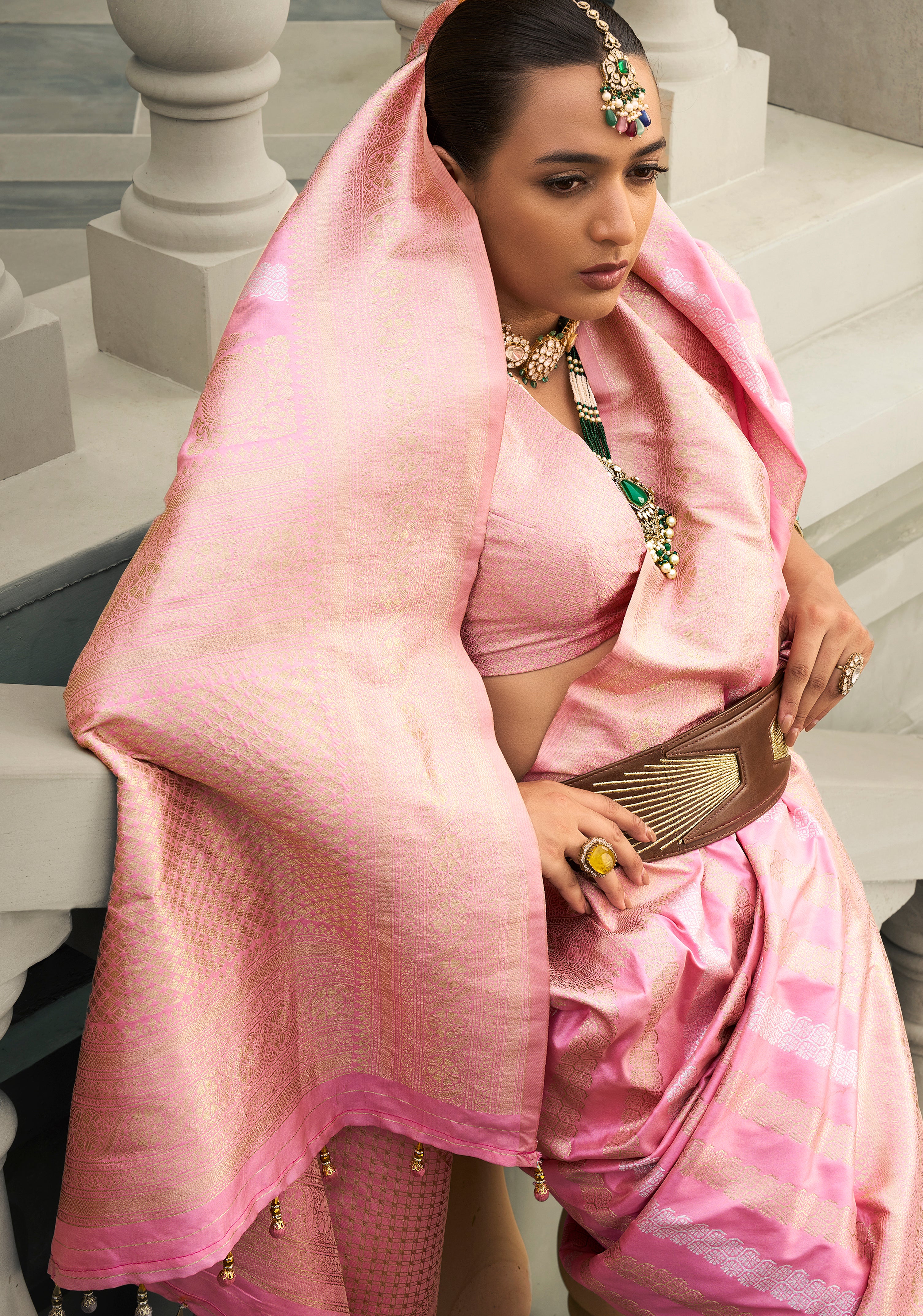 Pink Banarasi Silk Saree With  Jacquard Woven Work