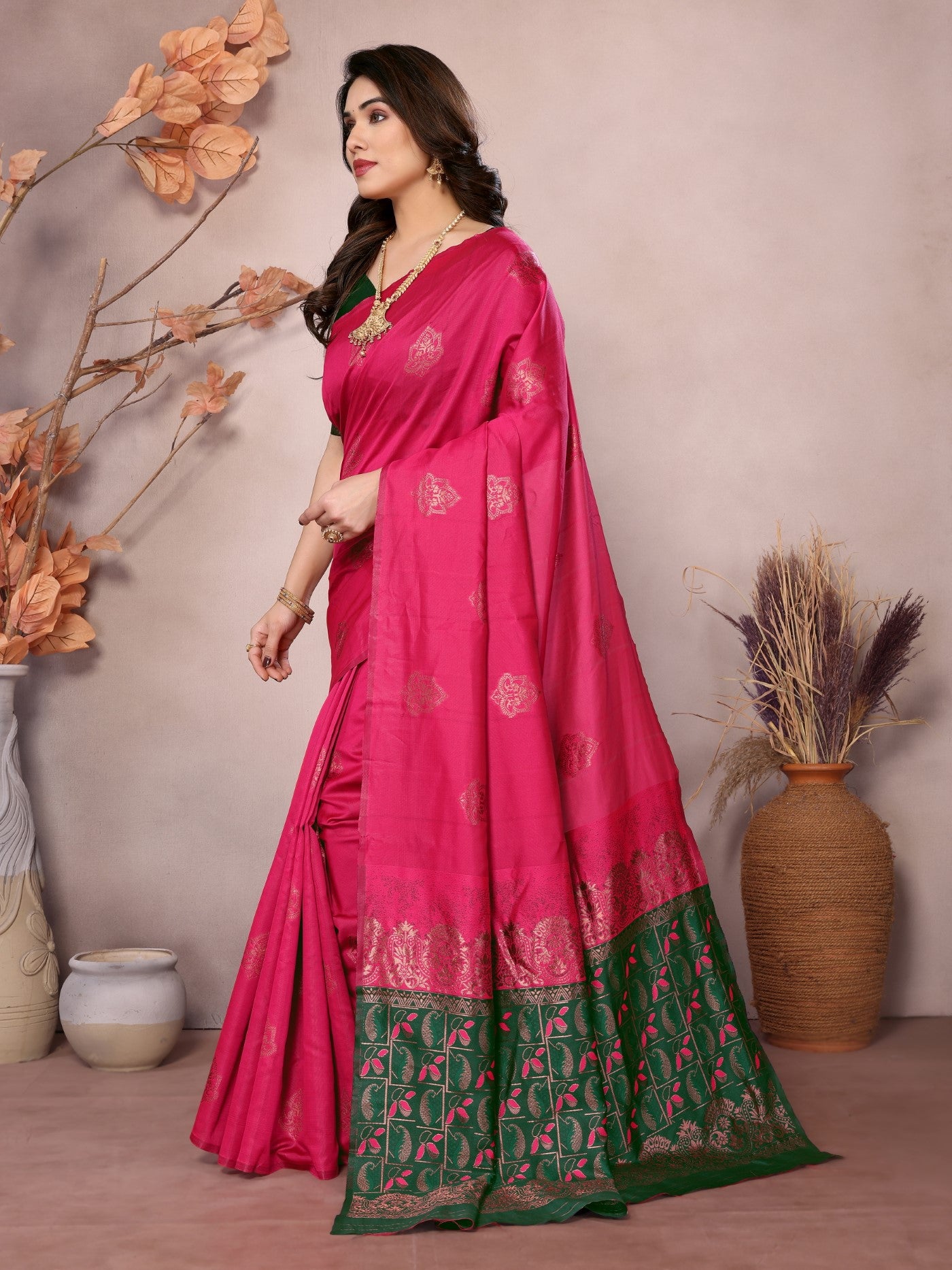 Pink Banarasi Silk Saree With Weaving