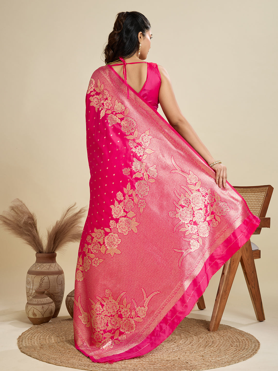 Pink Banarasi Silk Saree with Butti and Floral Border