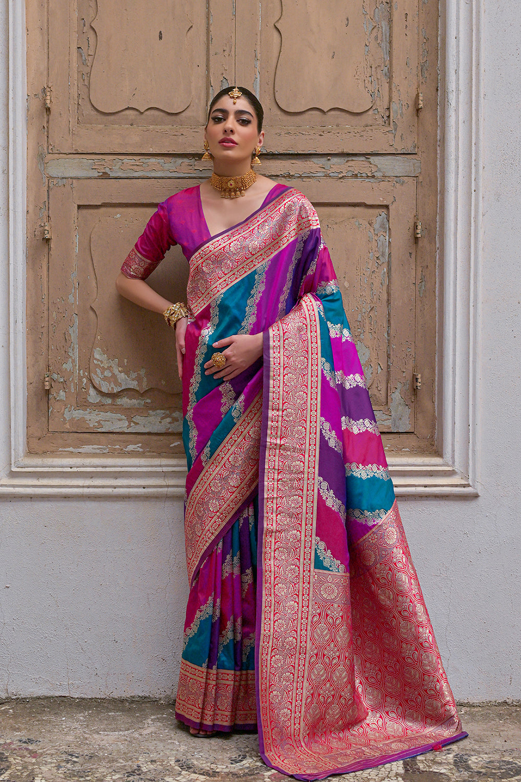 Pink Banarasi Silk Saree with Leriya Zari and Contrast Pallu