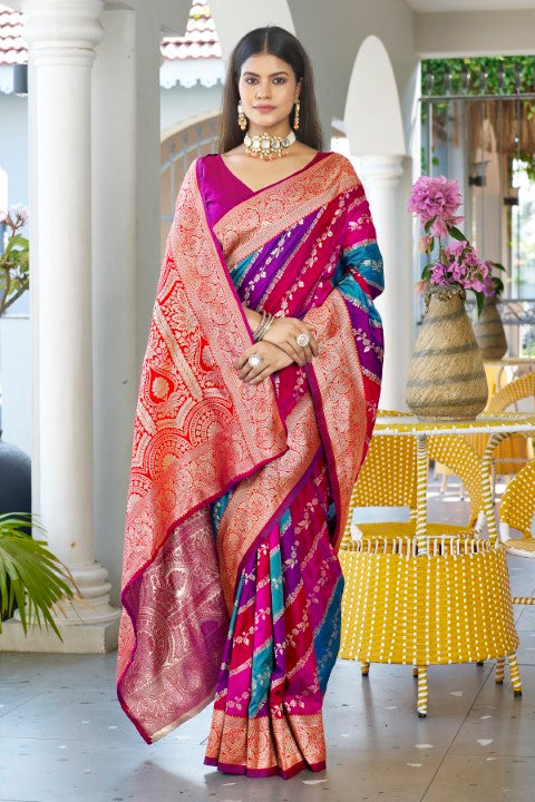 Pink Banarasi Silk Saree with Leriya Zari and Contrast Pallu