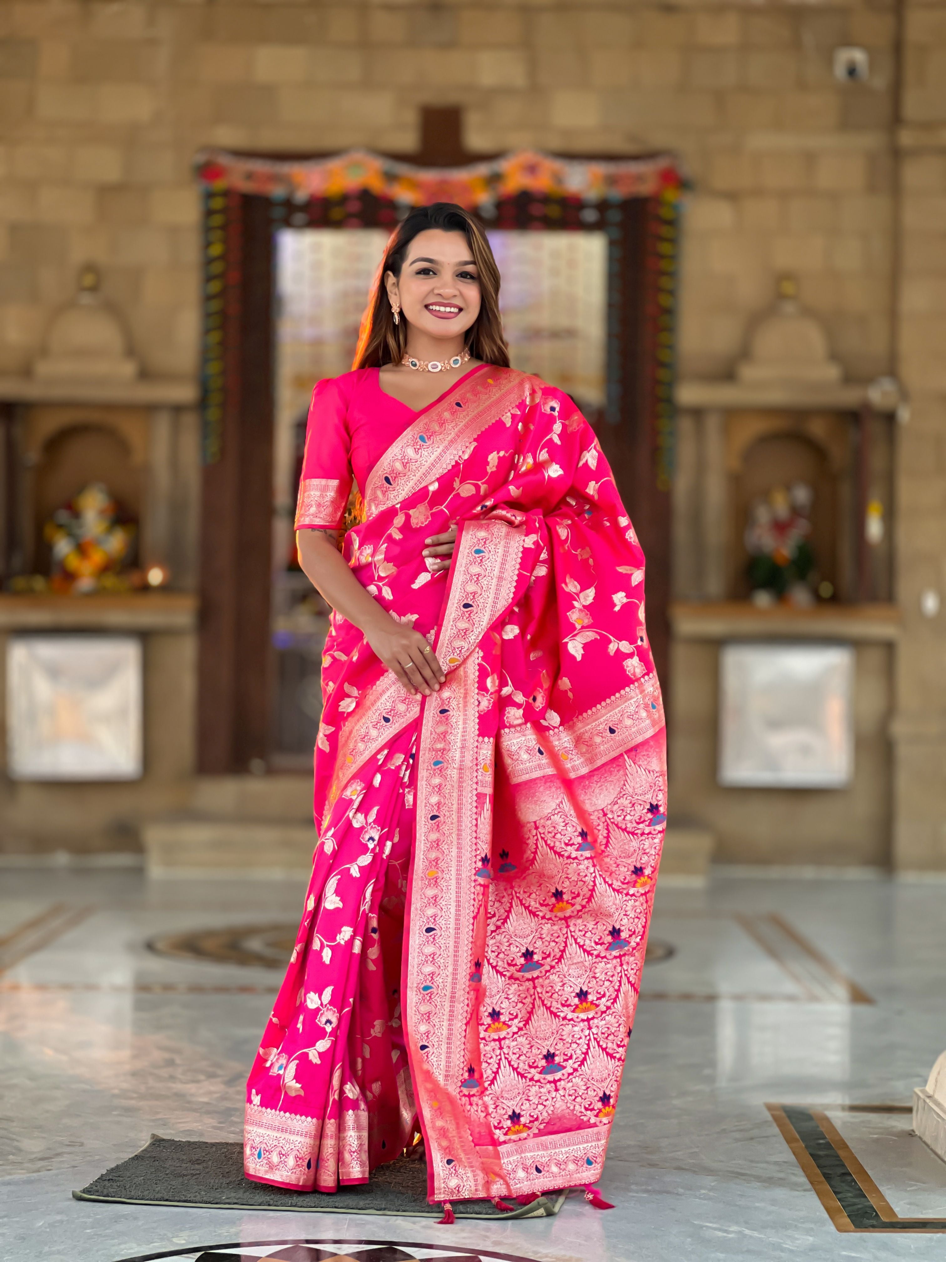 Pink Banarasi Silk Woven Jacquard Designer Ceremonial Partywear Saree