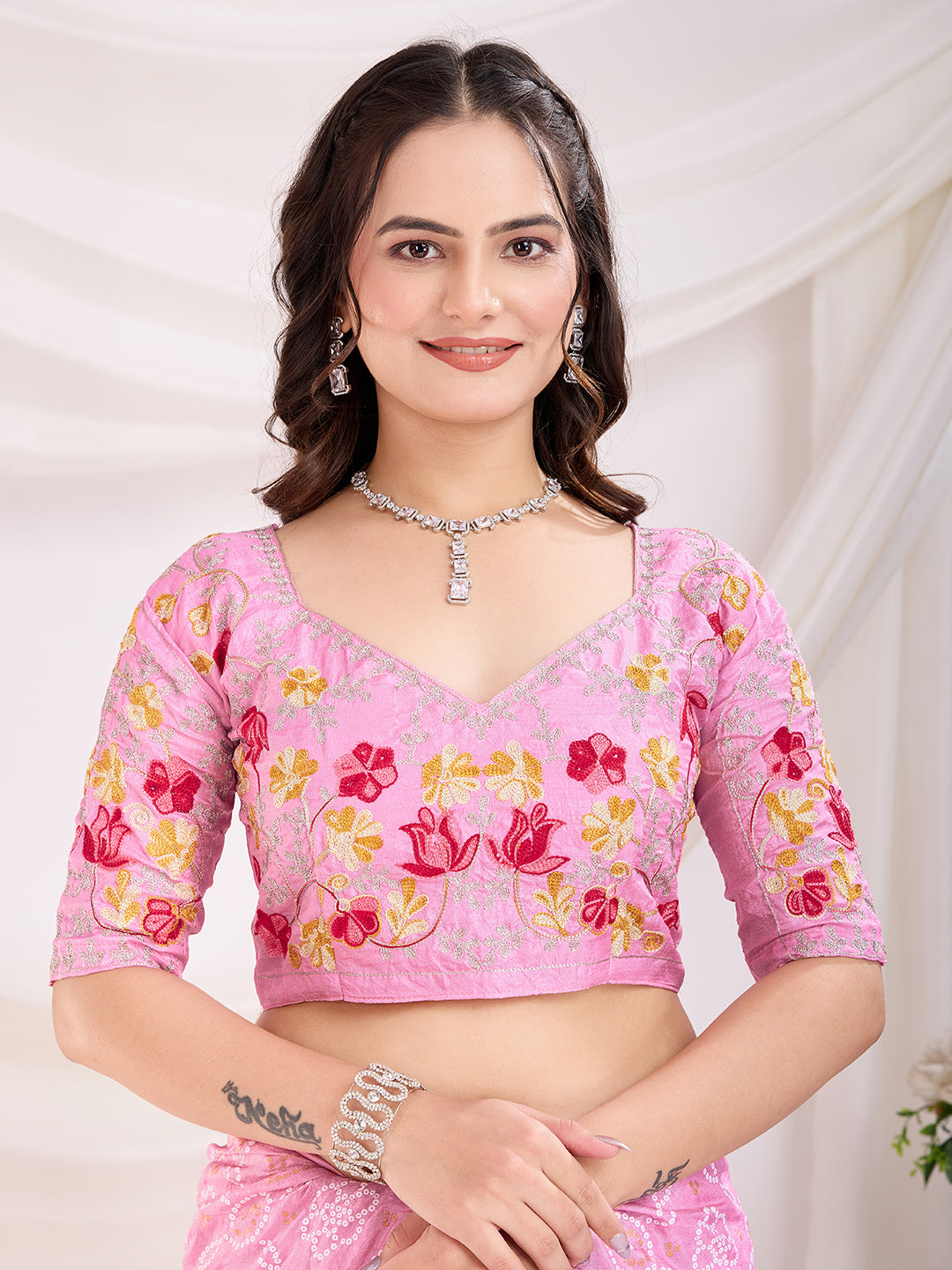 Pink Bandhani Printed With Embroidery Work Beautiful Ceremonial Saree