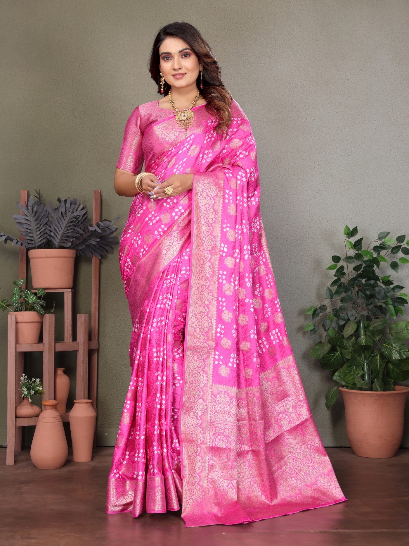 Pink Bandhej Silk Saree With Designer Zari Weaving