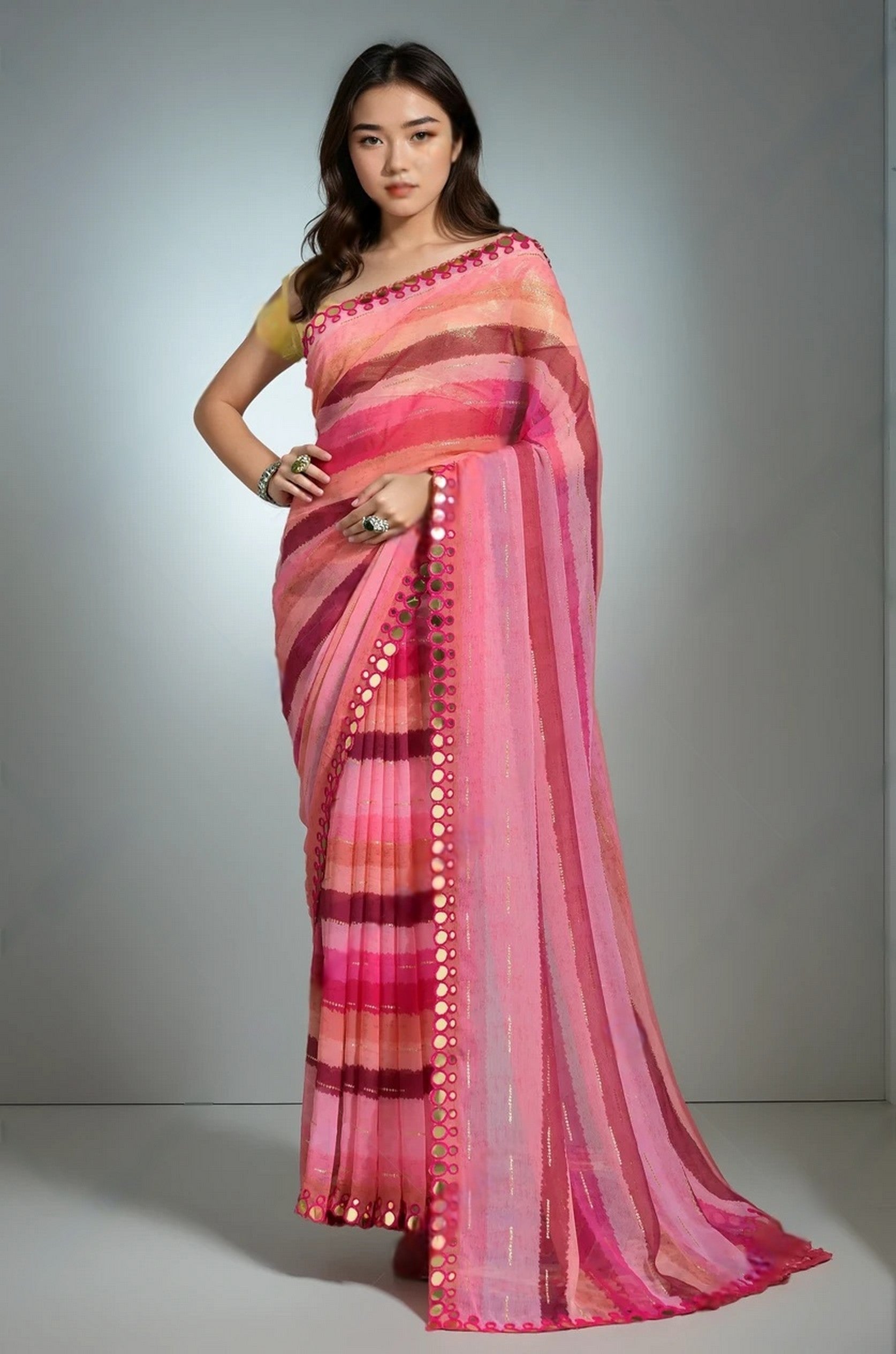 Pink Beautiful Chiffon Designer Lariya Printed With Mirror Cut Work