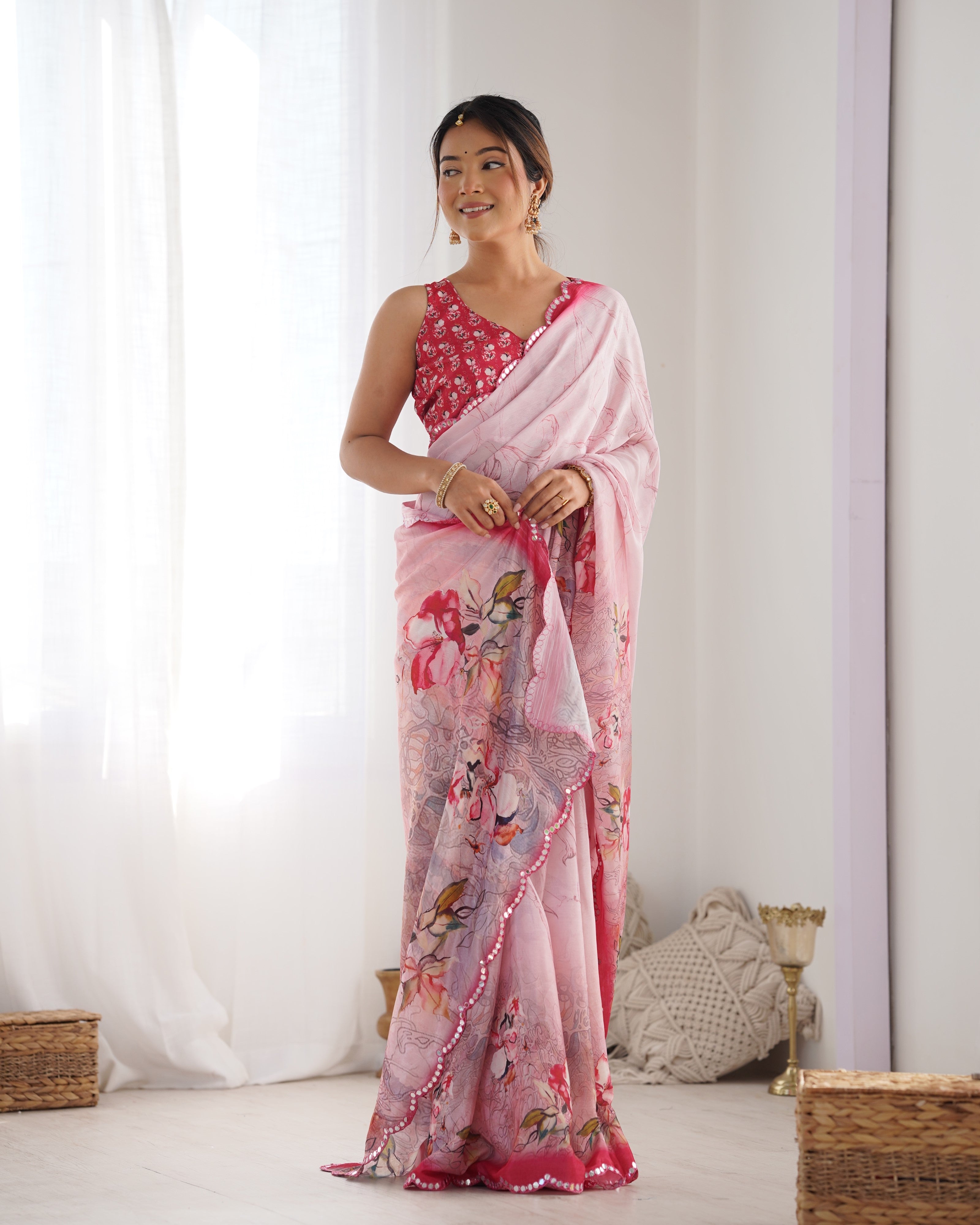 Pink Beautiful Chinon Fabric Digital Printed Saree With Mirror Cut Work