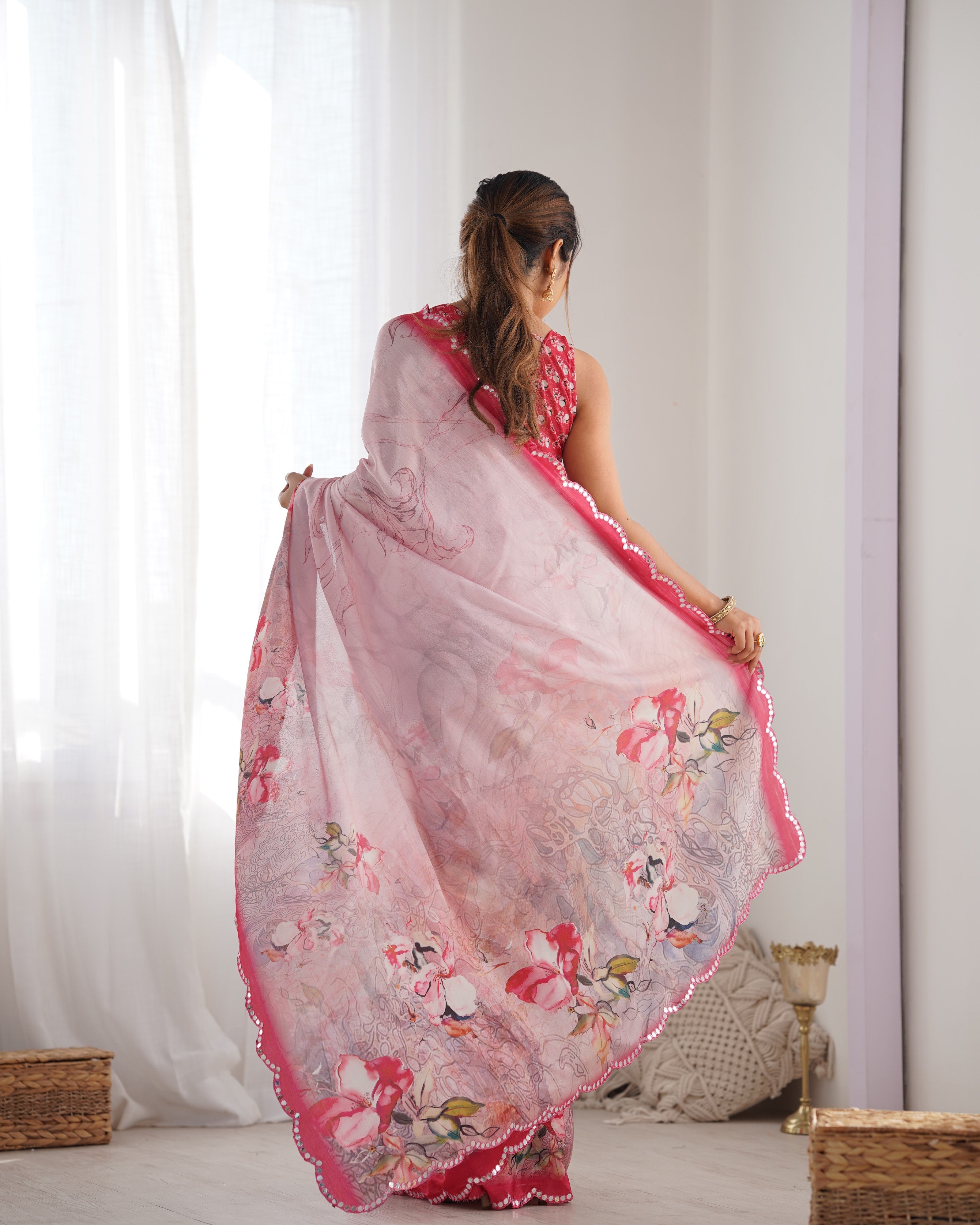 Pink Beautiful Chinon Fabric Digital Printed Saree With Mirror Cut Work