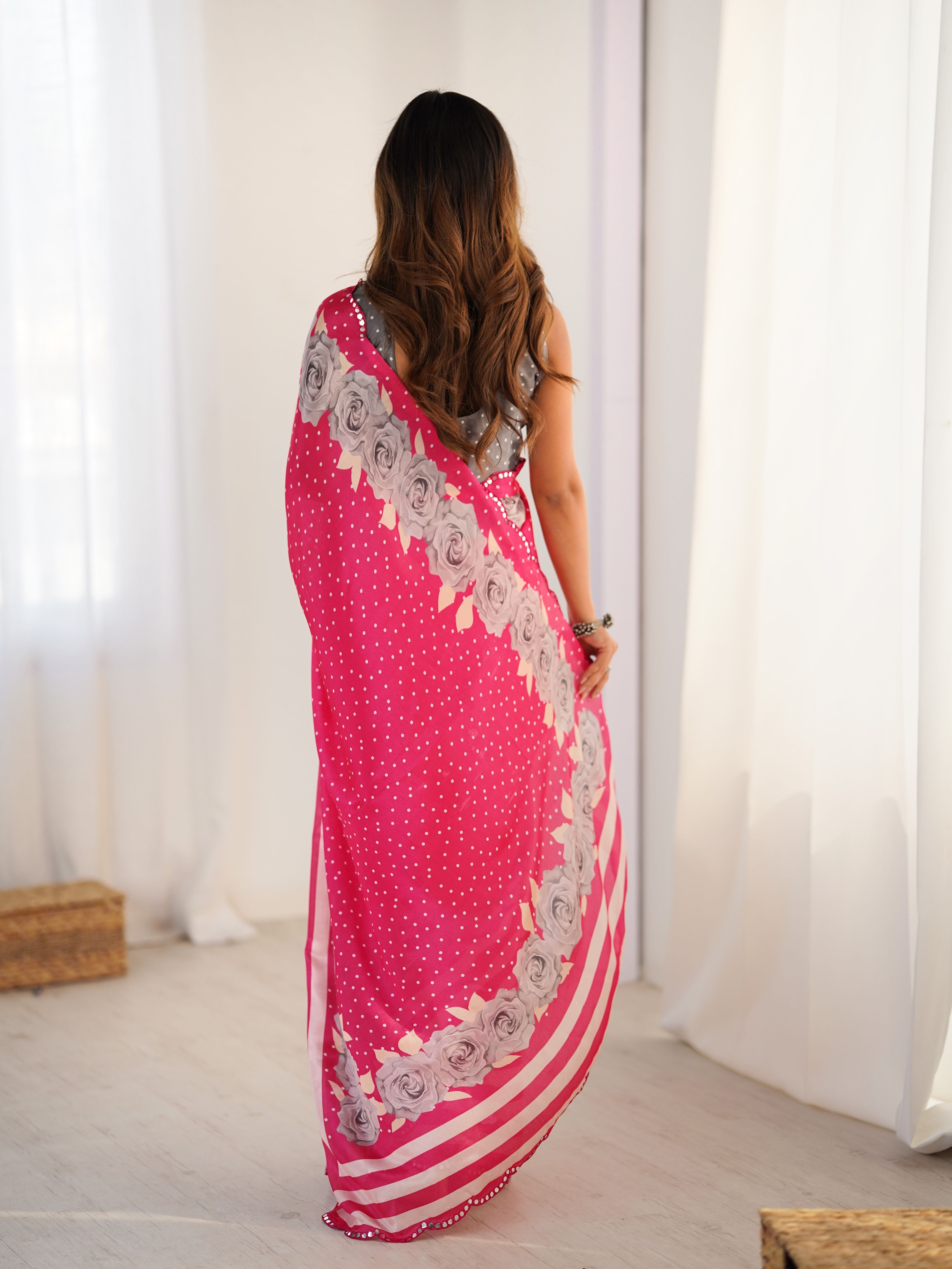 Pink Beautiful Chinon Smart Printed Festive Wear Ceremonial Saree
