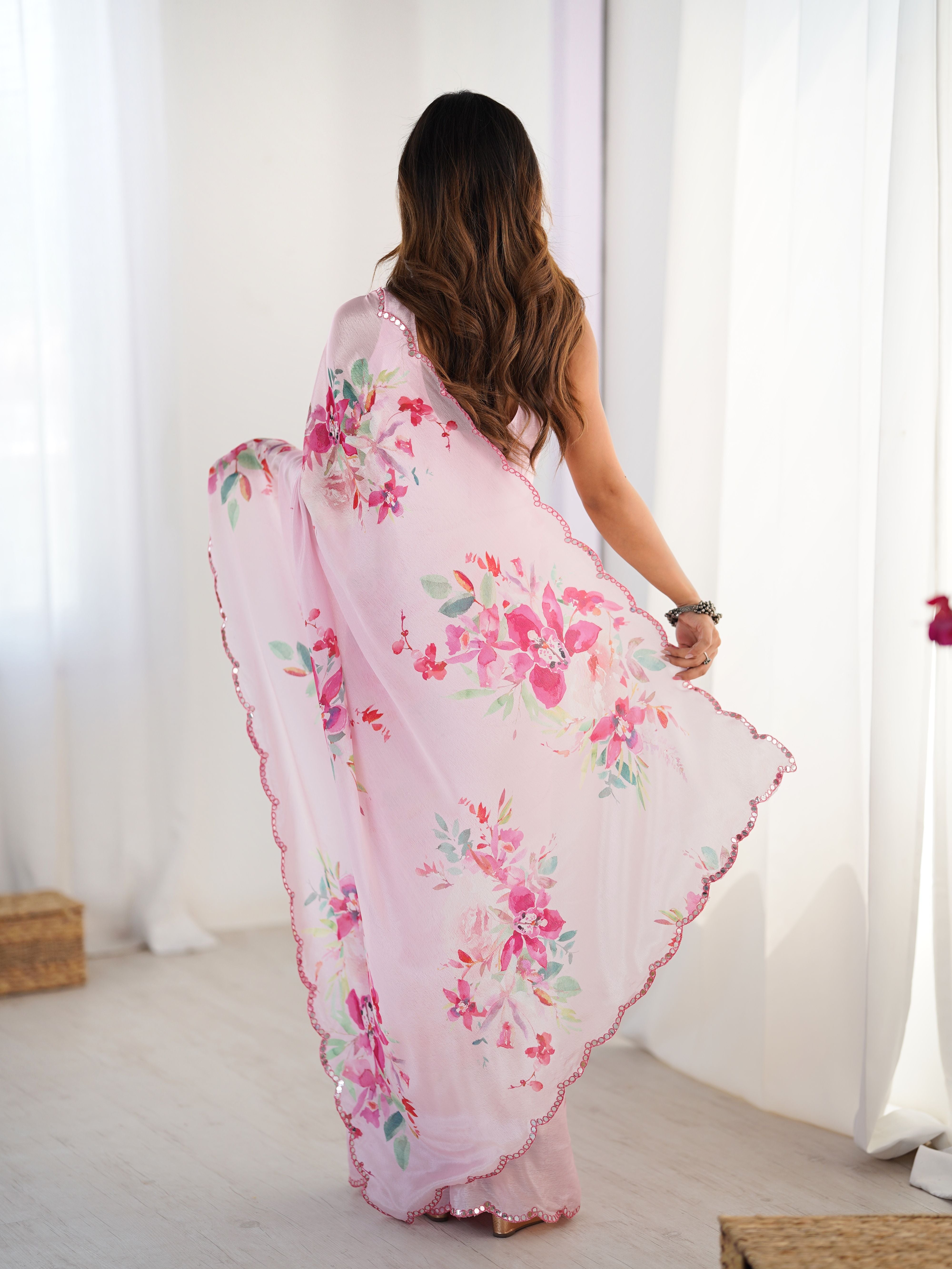Pink Beautiful Chinon Smart Printed Festive Wear Ceremonial Saree