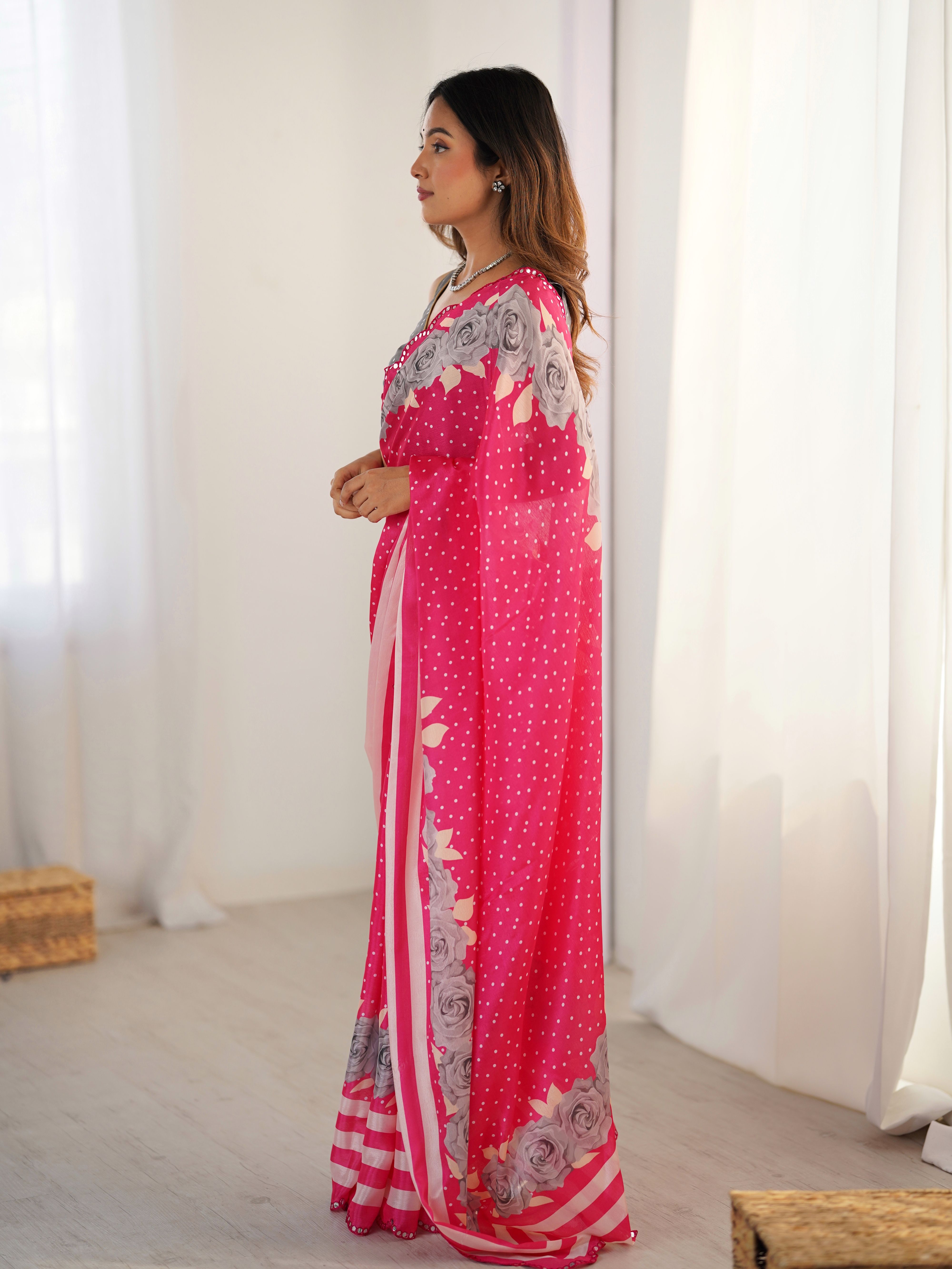 Pink Beautiful Chinon Smart Printed Festive Wear Ceremonial Saree