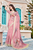 Pink Beautiful Designer Printed Saree With Woven Border
