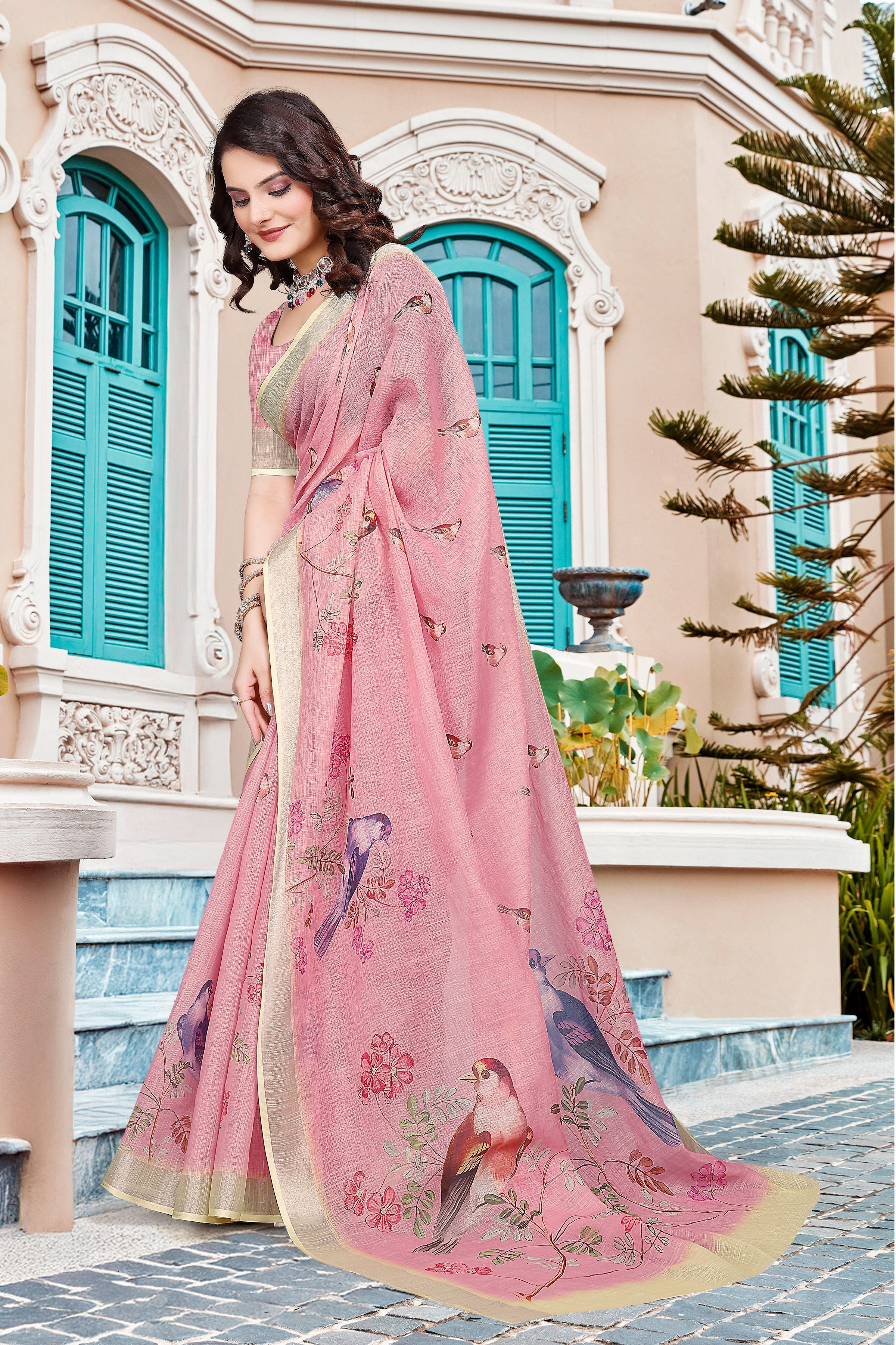 Pink Beautiful Designer Printed Saree With Woven Border
