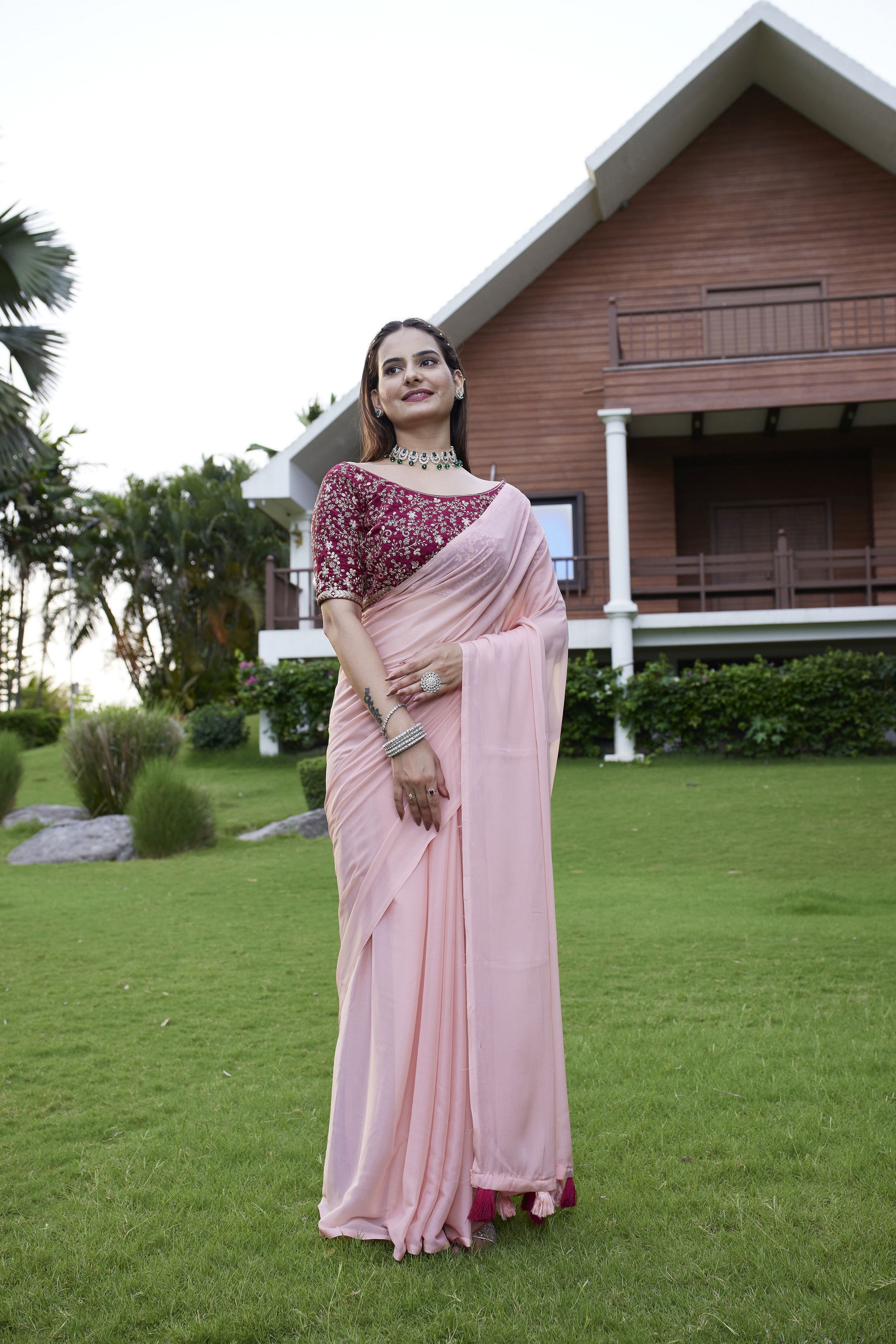 Pink Beautiful Fancy Saree With Embroidered Blouse