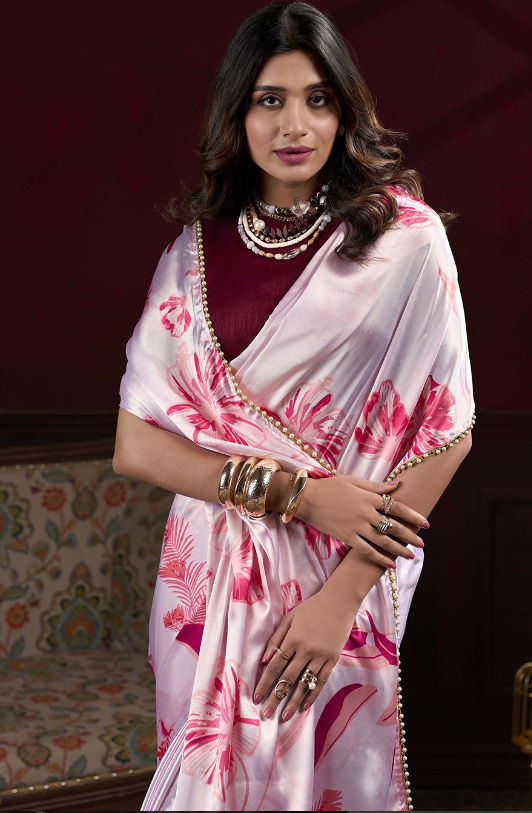 Pink Beautiful Floral Printed Japan Satin Silk Graceful Evening Party Saree