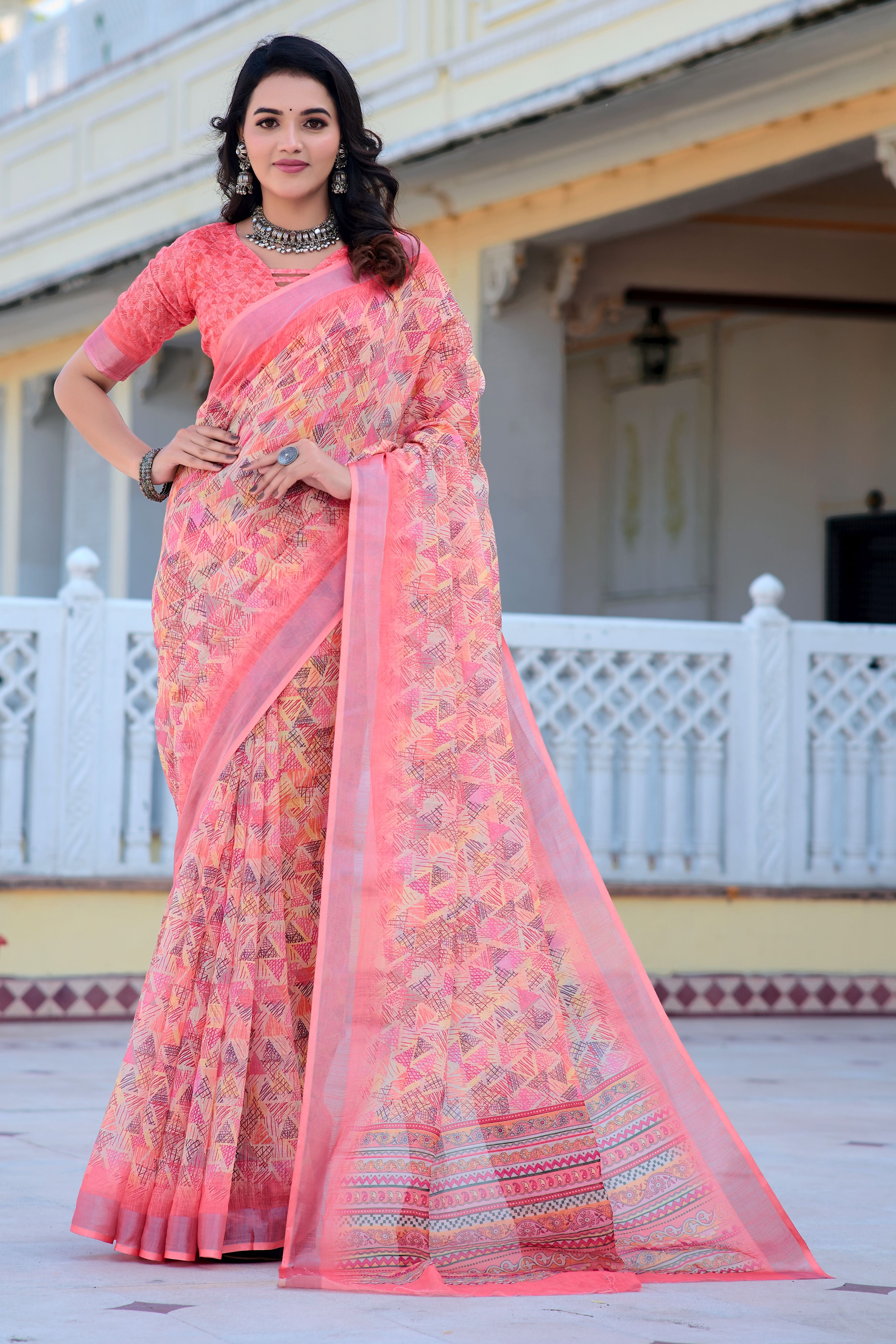 Pink Beautiful Linen Cotton Designer Festive Wear Saree