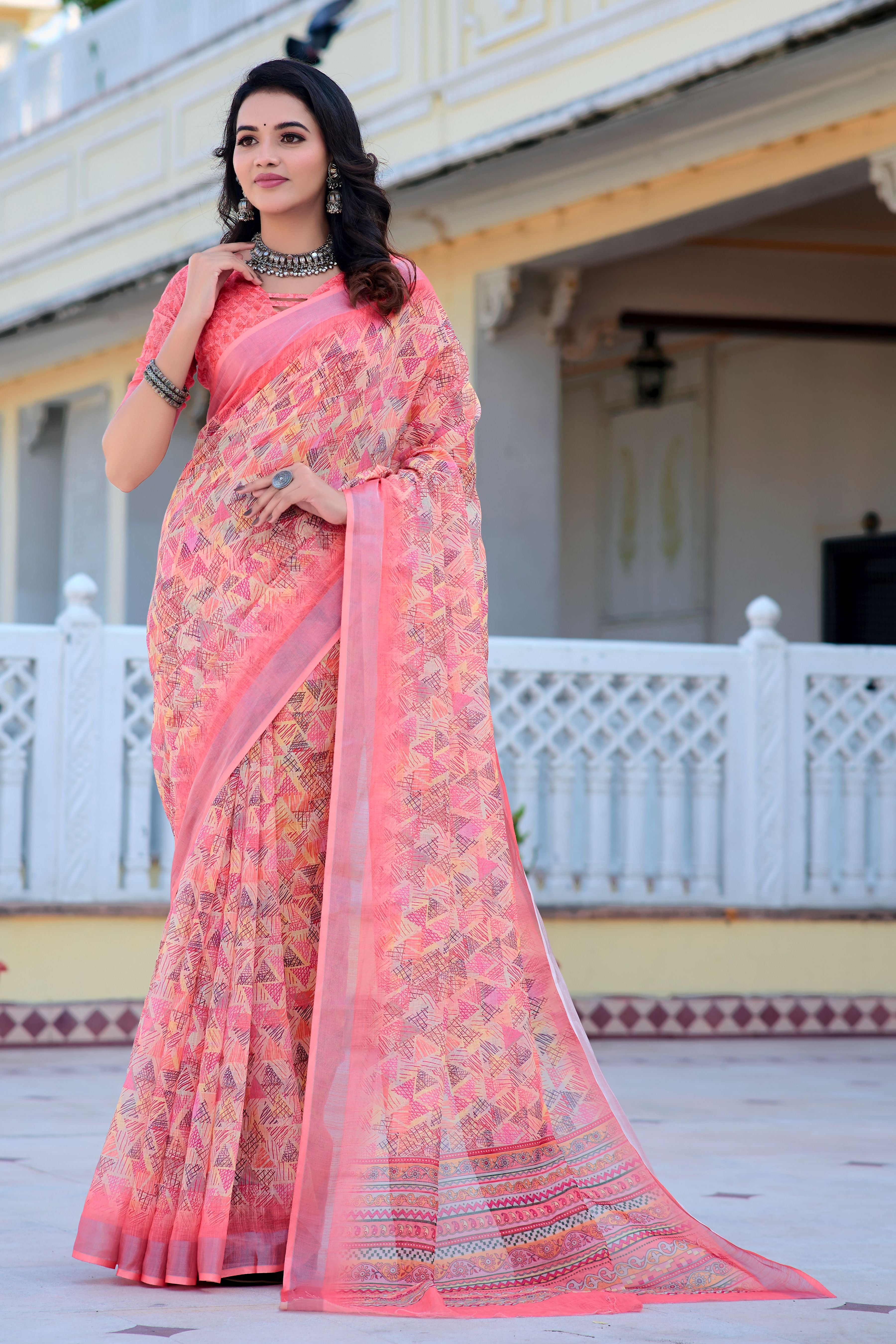 Pink Beautiful Linen Cotton Designer Festive Wear Saree