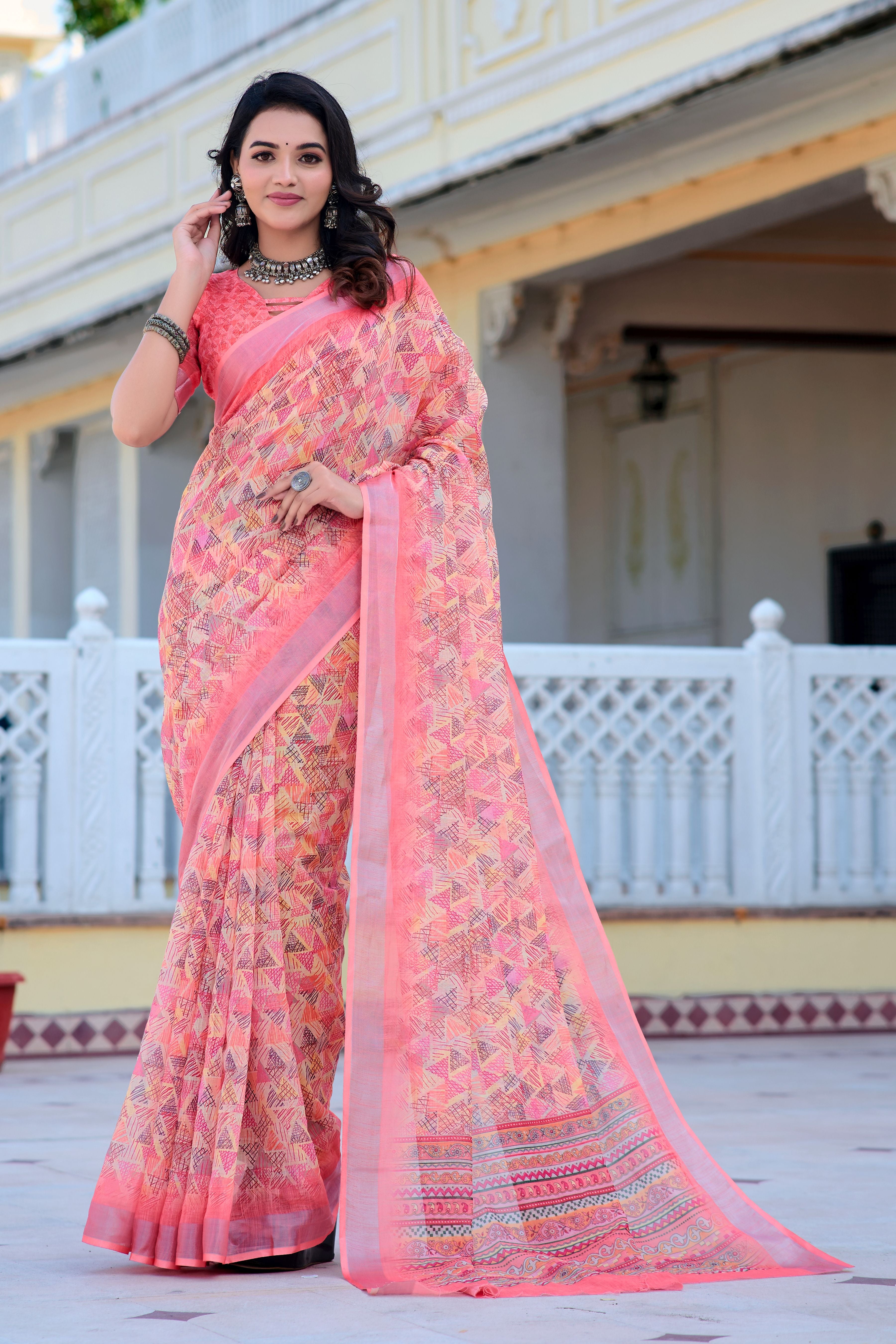 Pink Beautiful Linen Cotton Designer Festive Wear Saree