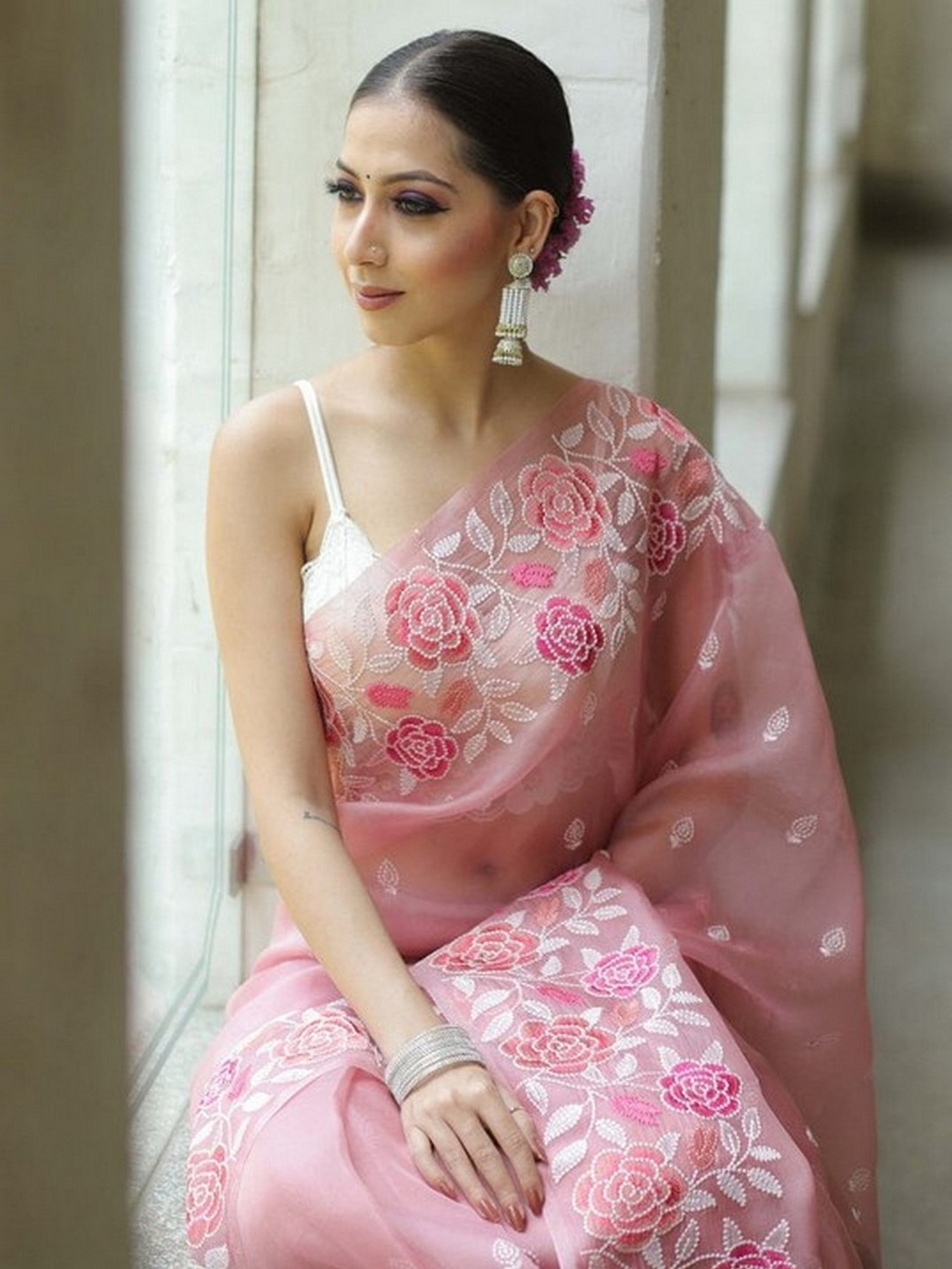 Pink Beautiful Organza Ethnic Embroidered Girlie Saree