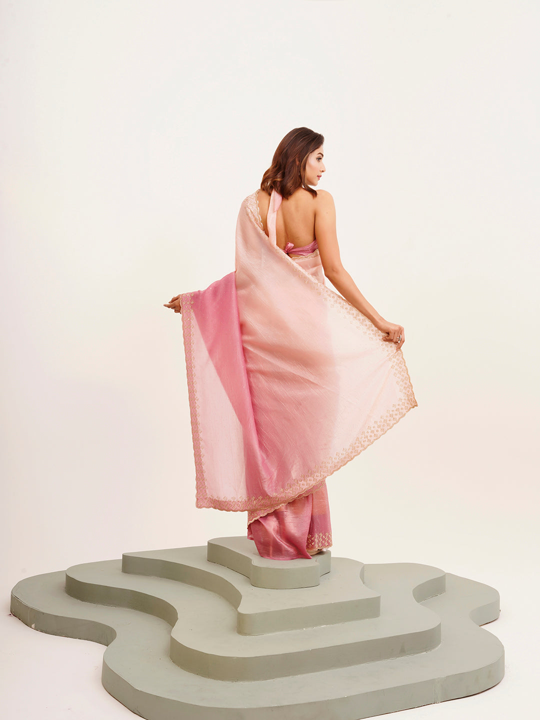 Pink Beautiful Partywear Embellished Beads And Stones Tissue Saree
