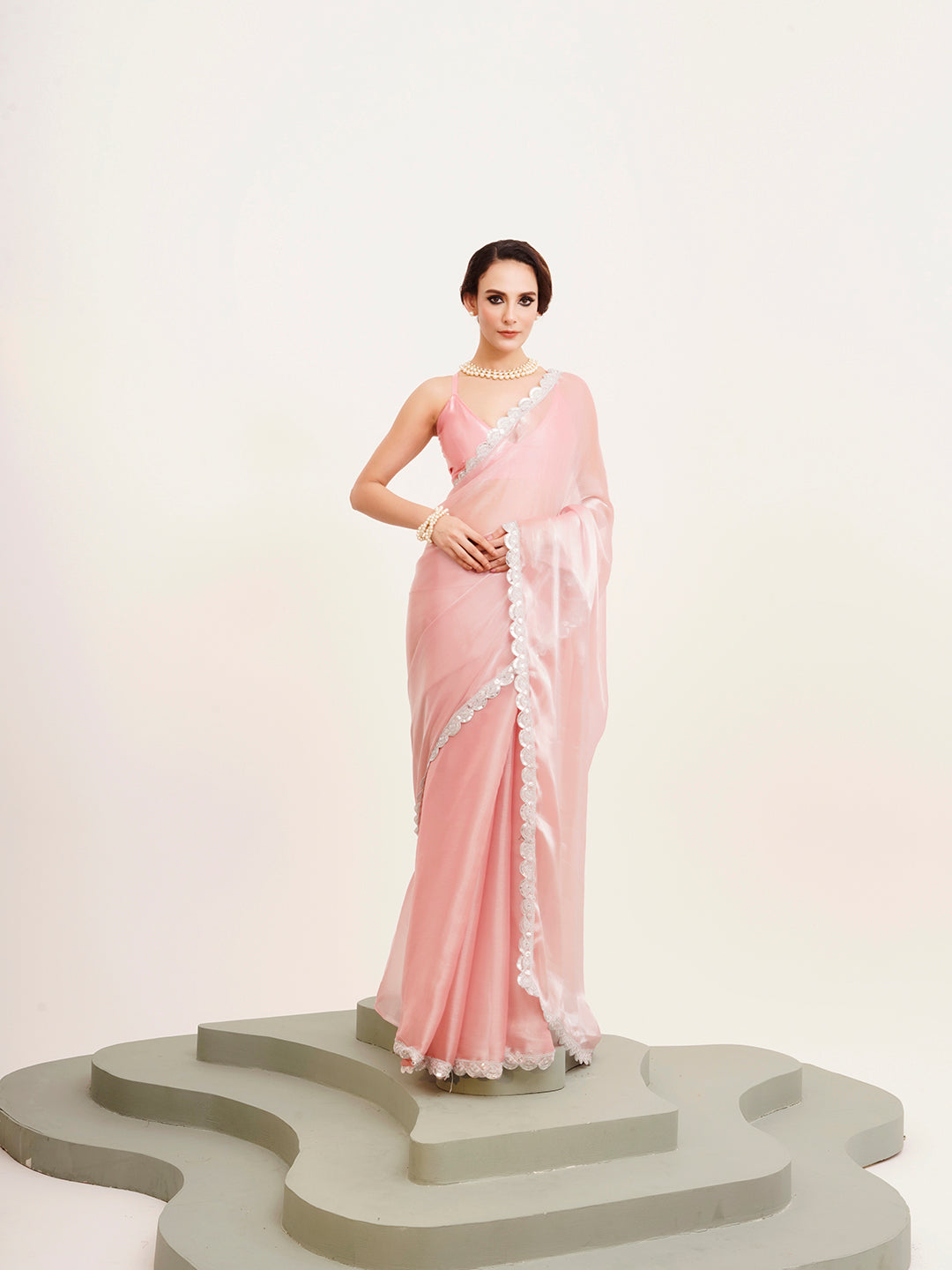 Pink Beautiful Partywear Embellished Sequinned Organza Saree