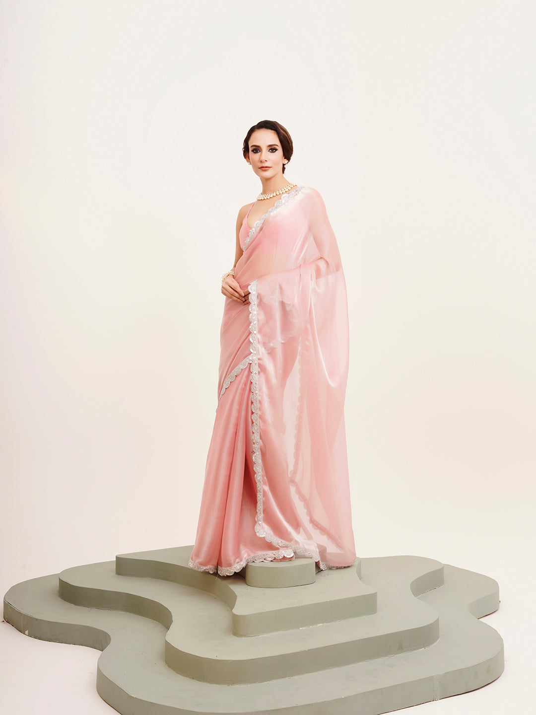 Pink Beautiful Partywear Embellished Sequinned Organza Saree