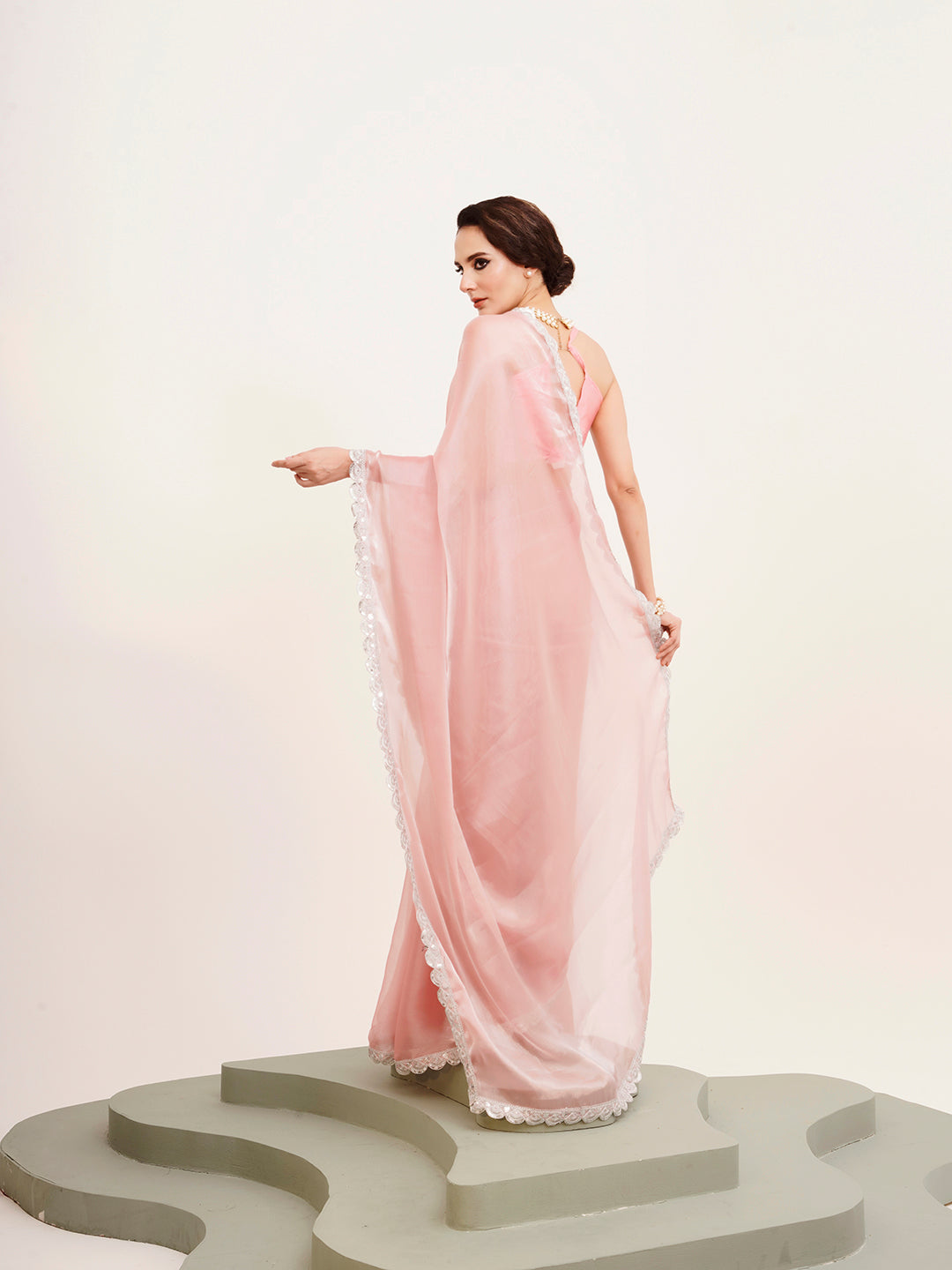 Pink Beautiful Partywear Embellished Sequinned Organza Saree