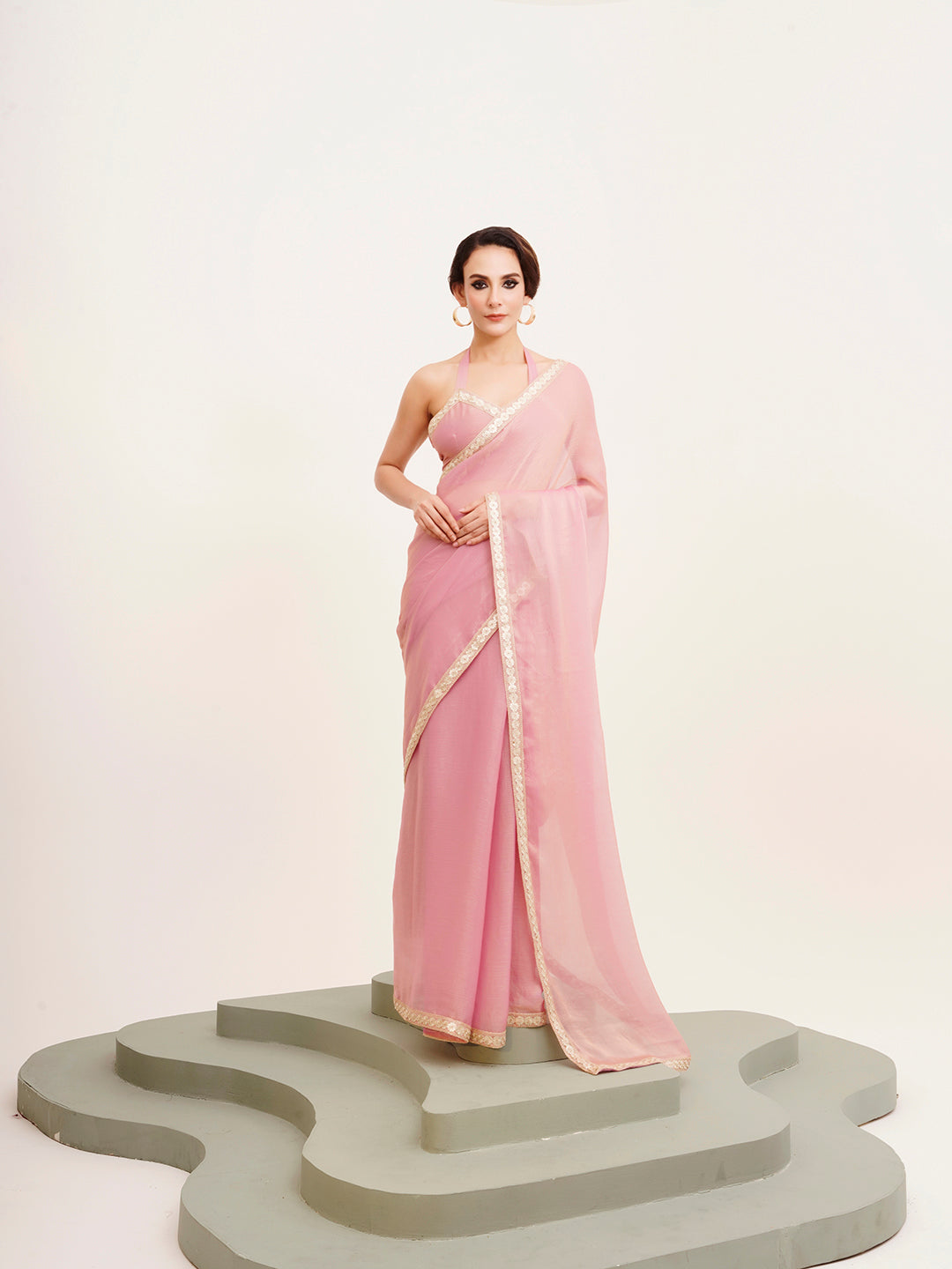 Pink Beautiful Partywear Sequinned Chiffon Saree